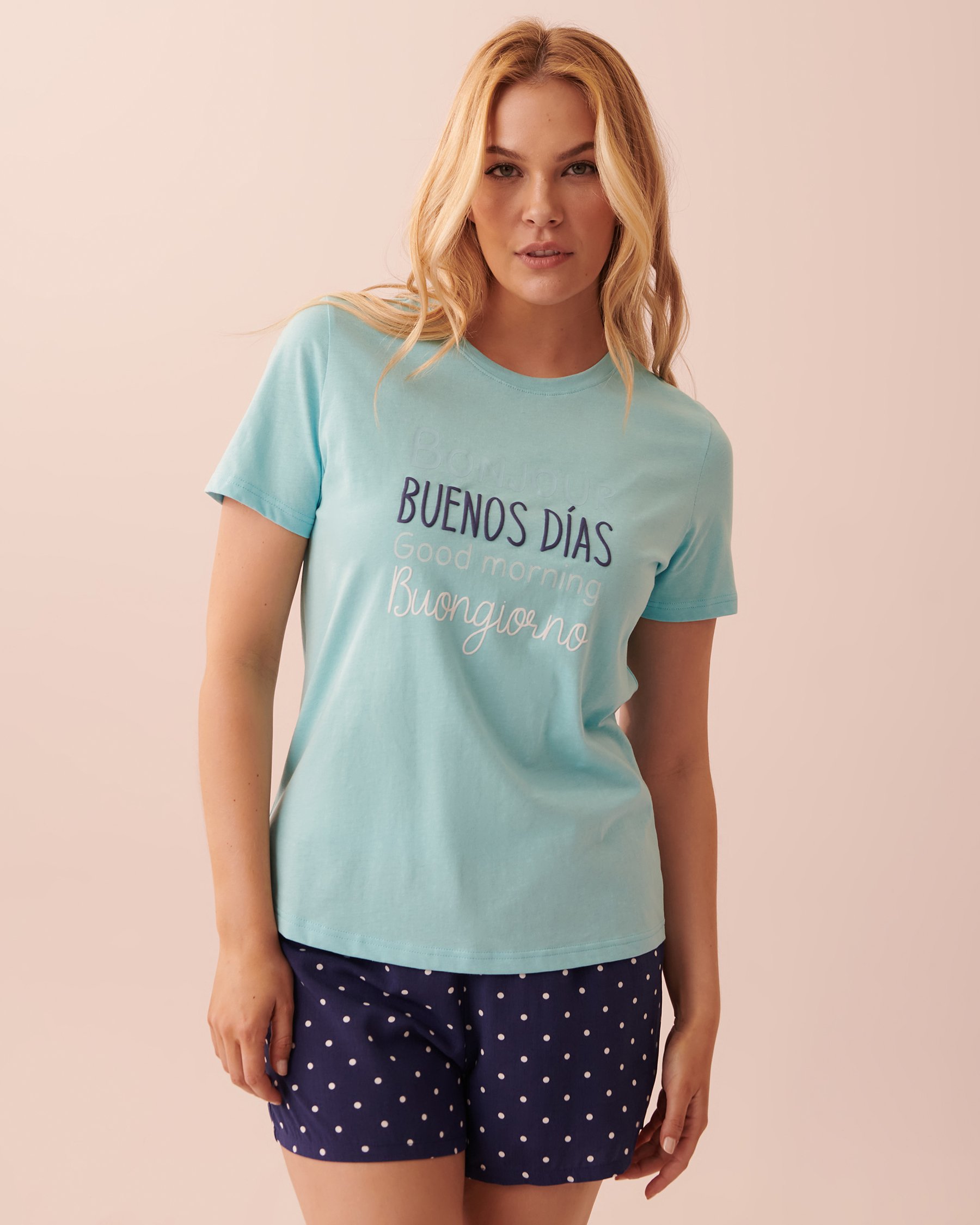 LA VIE EN ROSE Ensemble pyjama en coton avec t-shirt Pois marines 40400042 - Voir4