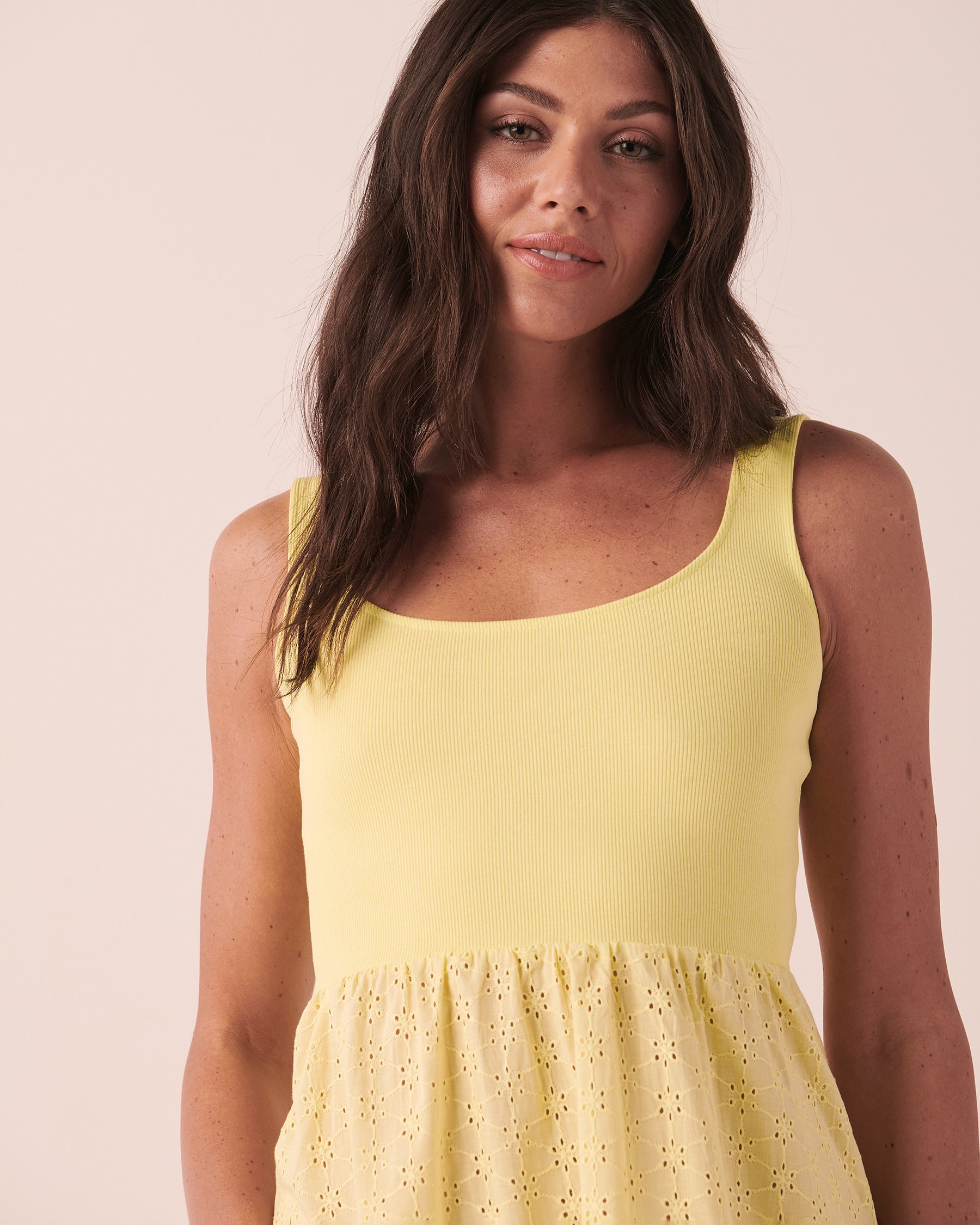 LA VIE EN ROSE Eyelet and Ribbed Sleeveless Sleepshirt Yellow 40500265 - View3