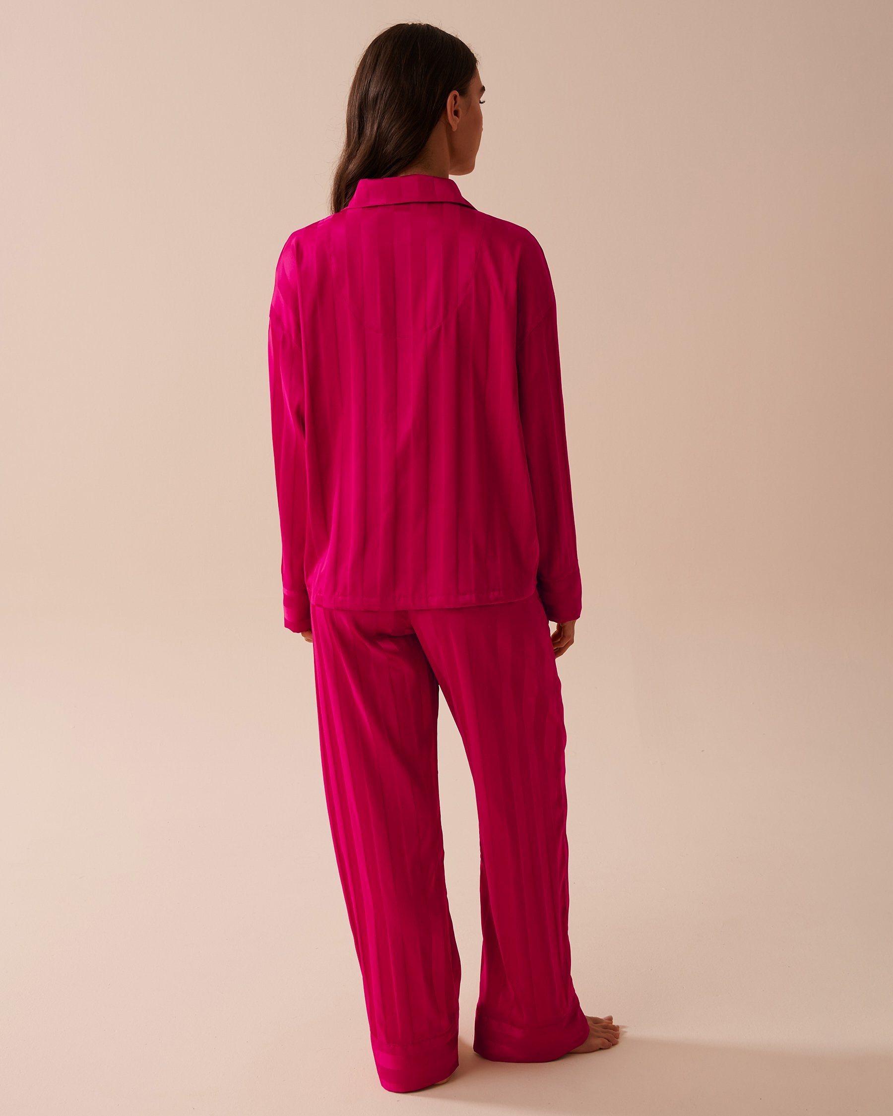LA VIE EN ROSE Jacquard Stripe Satin Pajama Set Raspberry Red 60400041 - View3