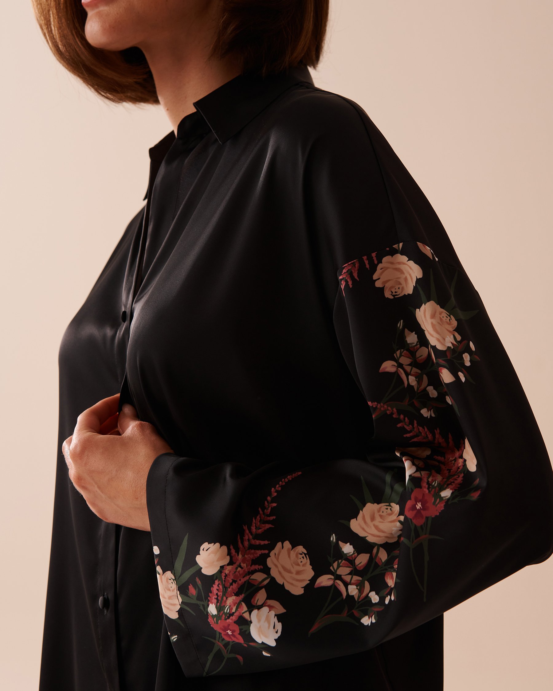 LA VIE EN ROSE Black Bouquet Satin Long Sleeve Button-down Shirt Black Bouquet 60100108 - View5