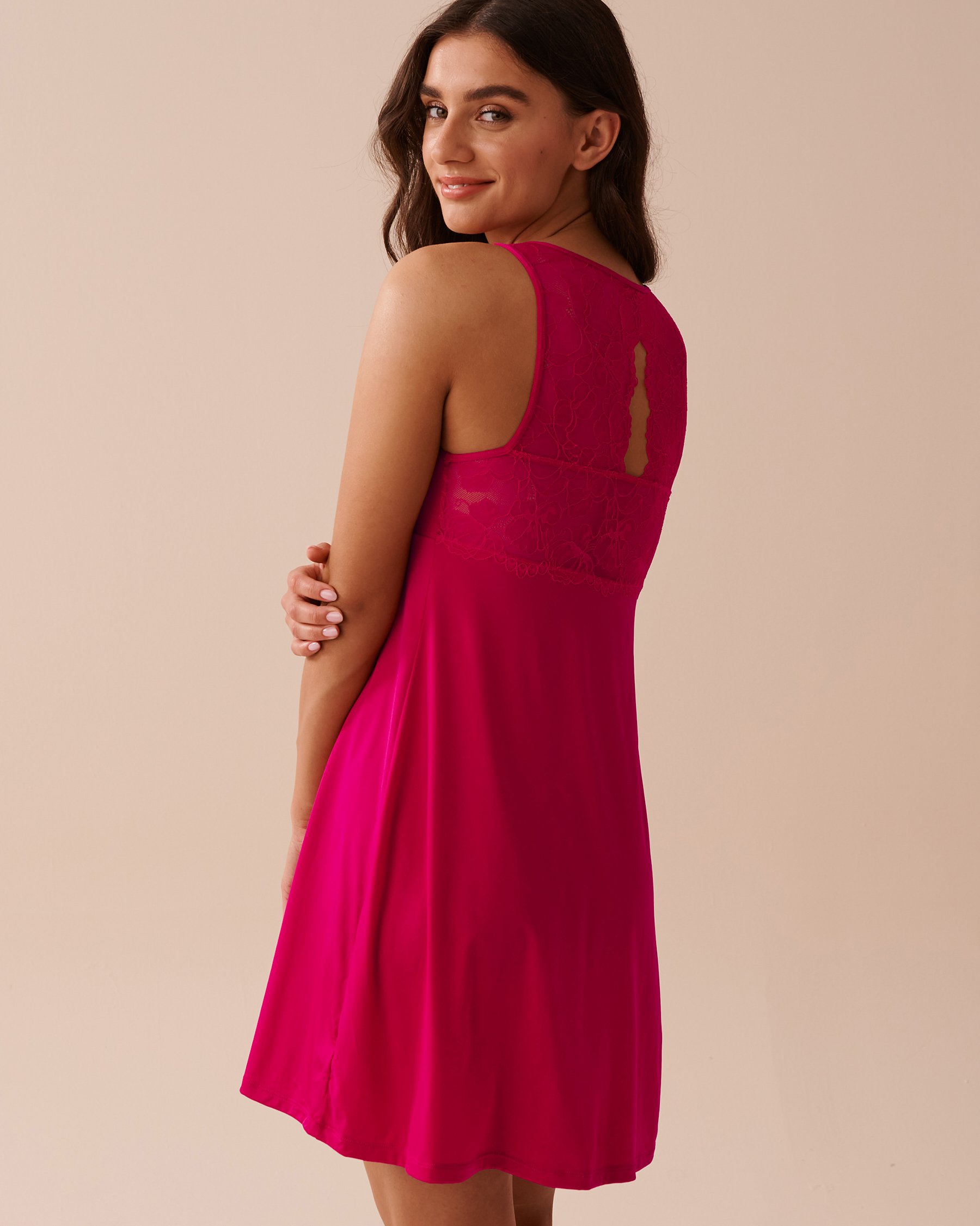 LA VIE EN ROSE Lace Back Nightie Raspberry Red 60500153 - View2