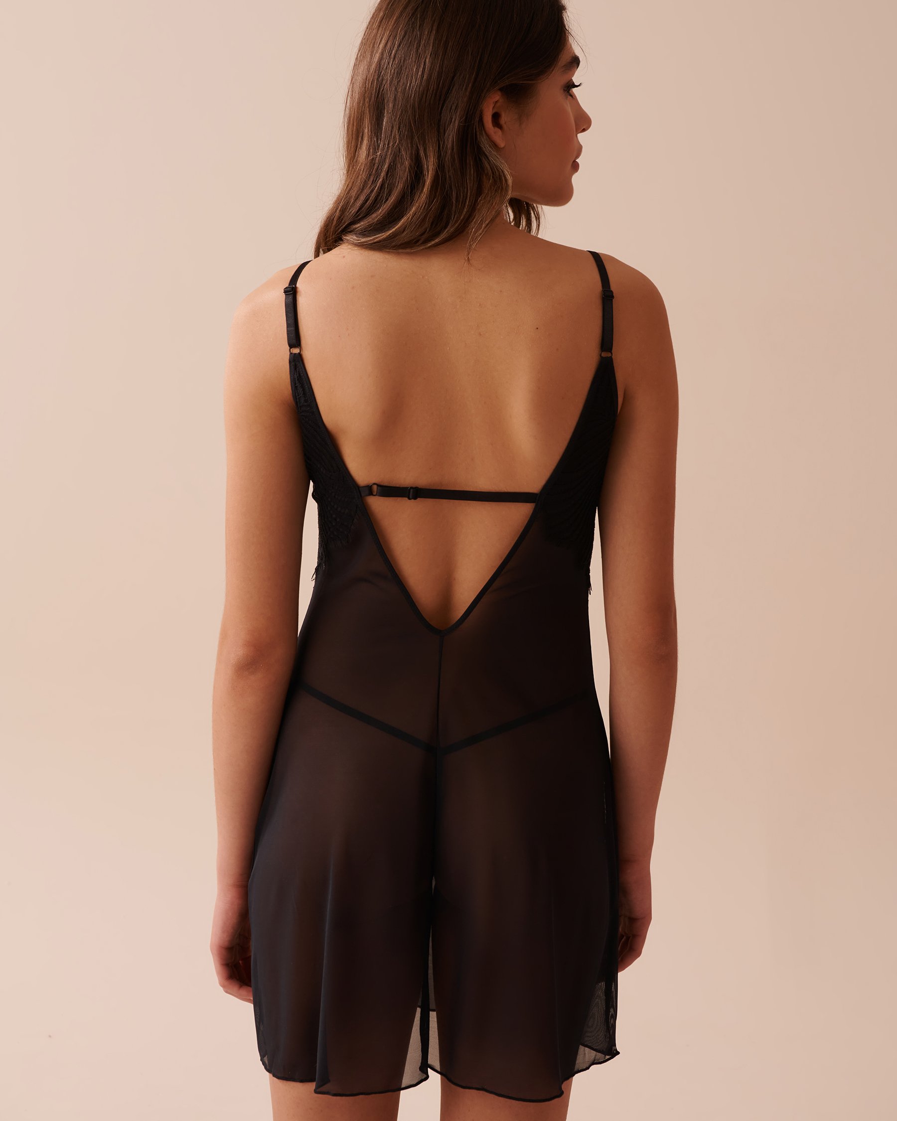 LA VIE EN ROSE Mesh and Lace Plunge Nightie Black 60500154 - View2