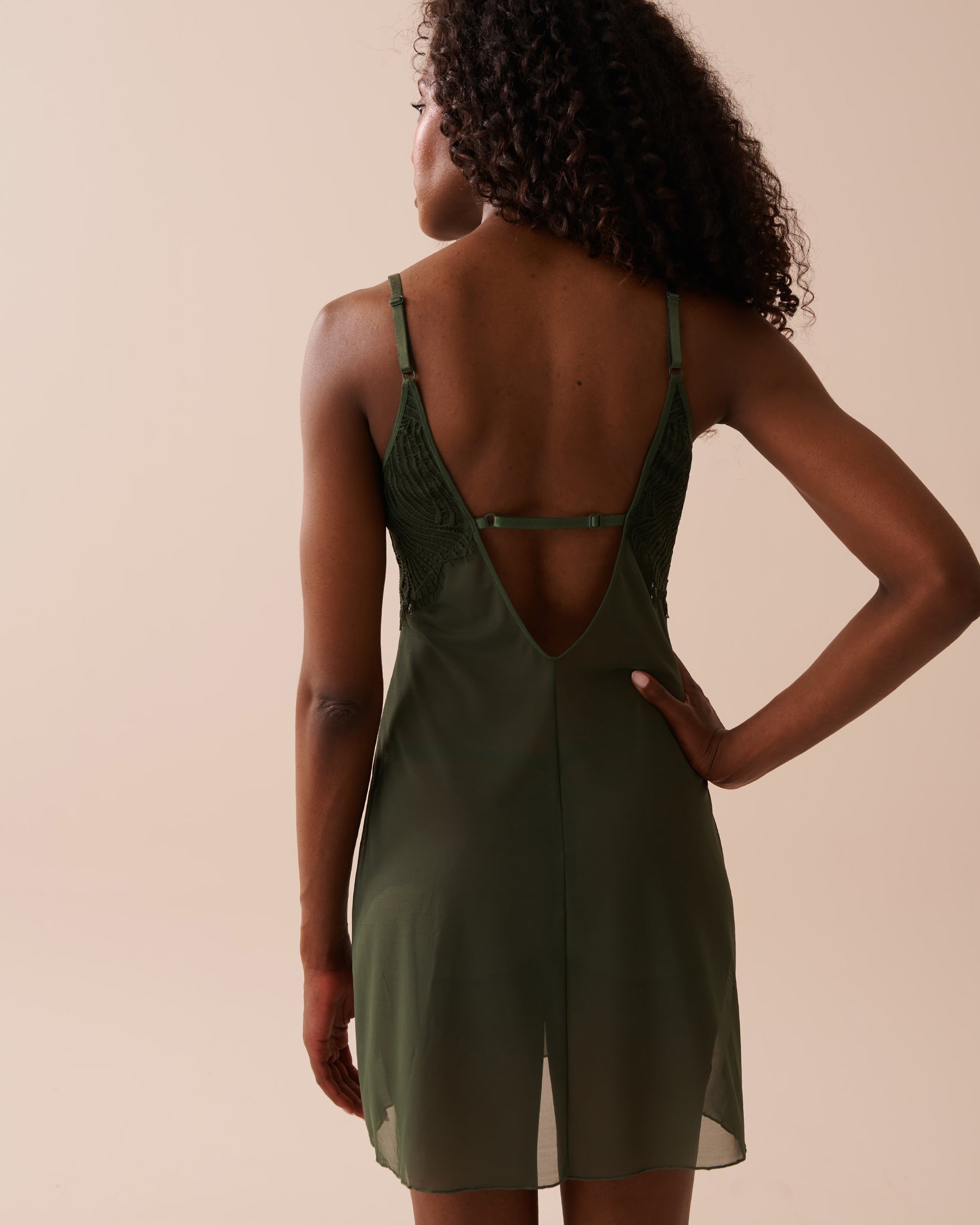 LA VIE EN ROSE Mesh and Lace Plunge Nightie Thyme Green 60500154 - View2