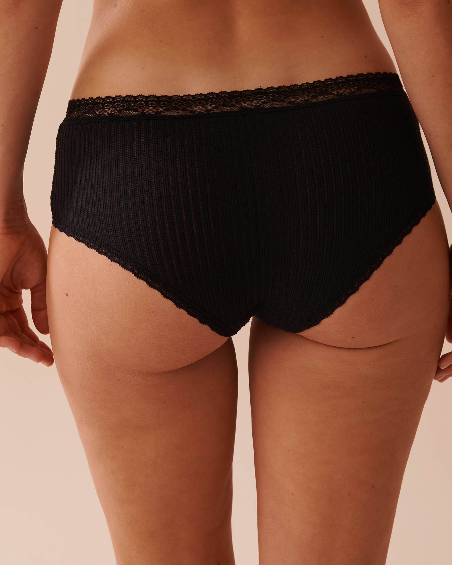LA VIE EN ROSE Lace Trim Ribbed Hiphugger Panty Black 20100471 - View2