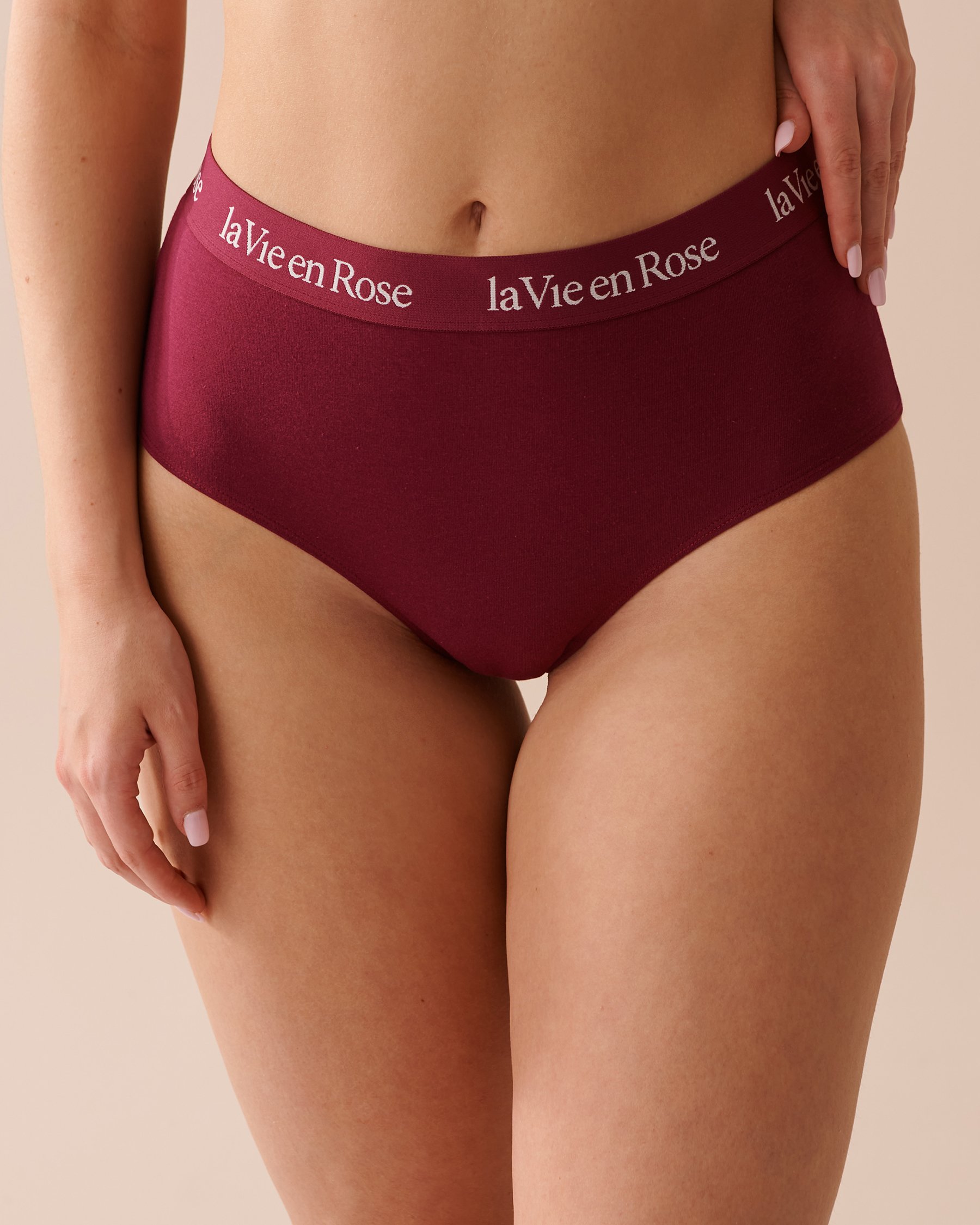 LA VIE EN ROSE Culotte bikini taille haute coton et bande élastique logo Prune 20100479 - View1