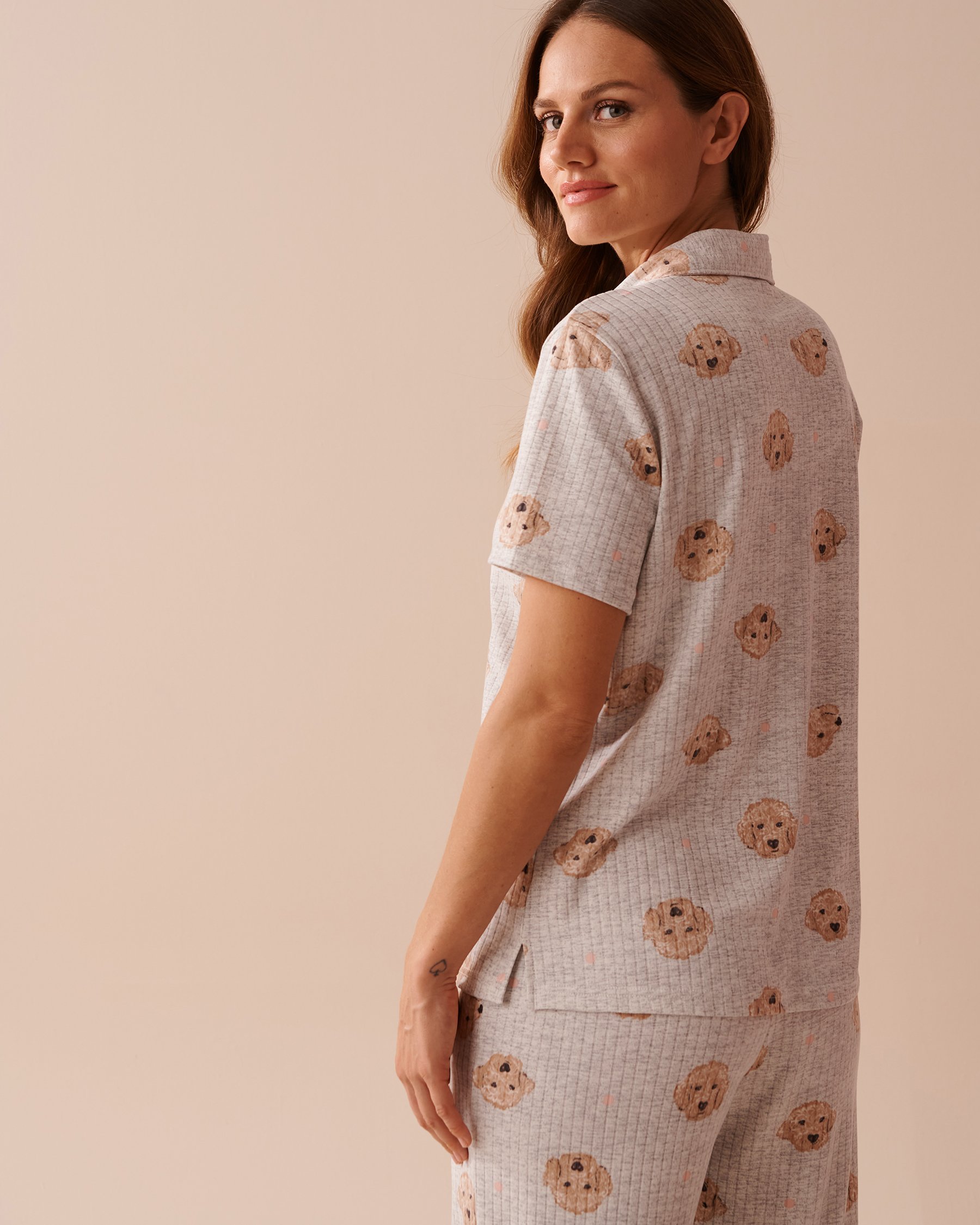 LA VIE EN ROSE Dog Print Ribbed Jersey Button-down Shirt Grey Dog Print 40100593 - View2