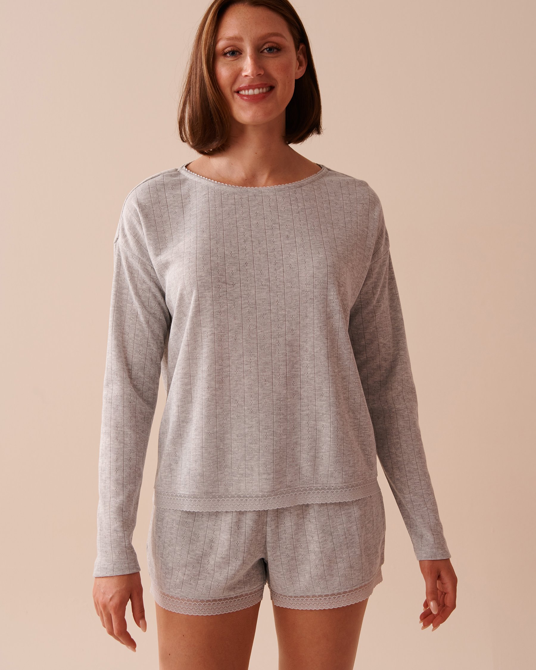 LA VIE EN ROSE Chandail manches longues maille pointelle et bordure de dentelle Gris 40100594 - Voir1
