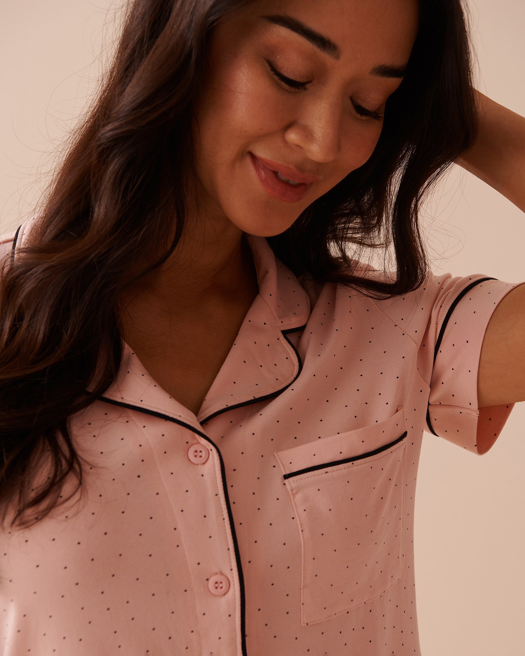 LA VIE EN ROSE Cotton Short Sleeve Button-down Shirt Pink Dots 40100600 - View3