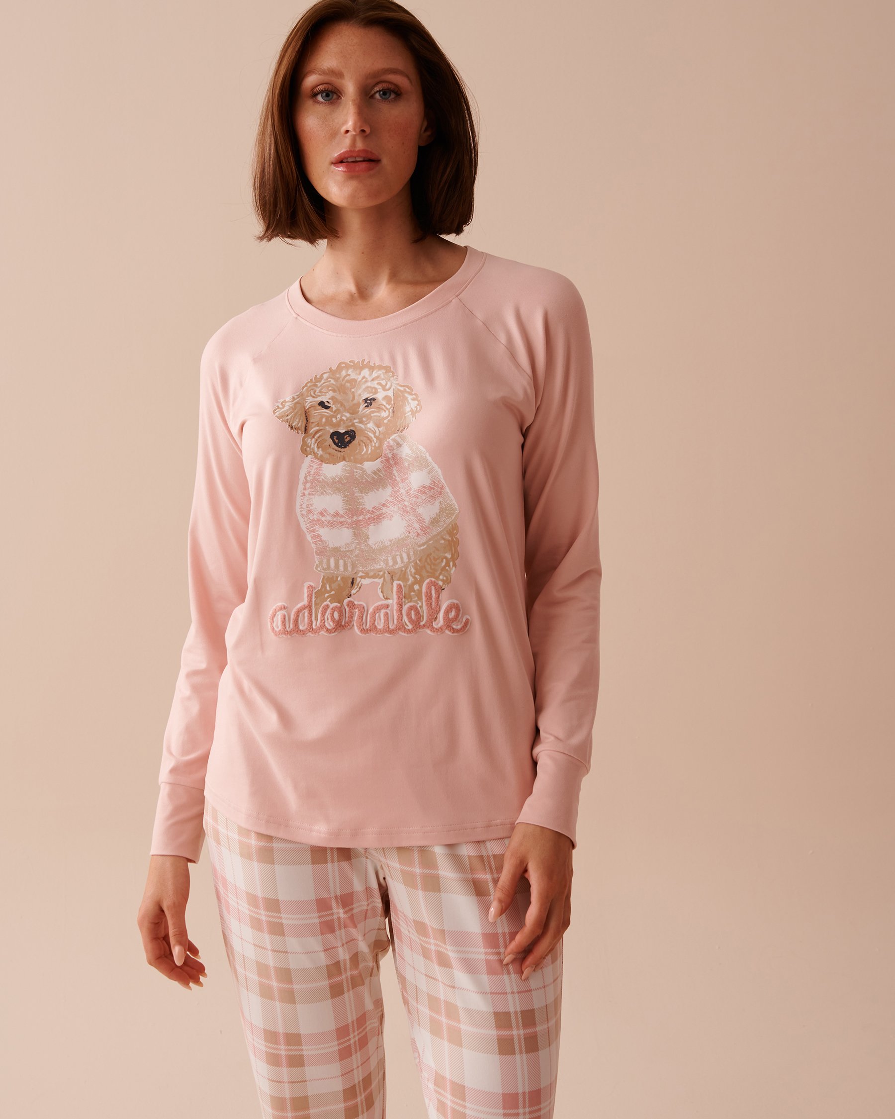 LA VIE EN ROSE Dog Print Super Soft Long Sleeve Shirt Salmon Pink 40100602 - View1