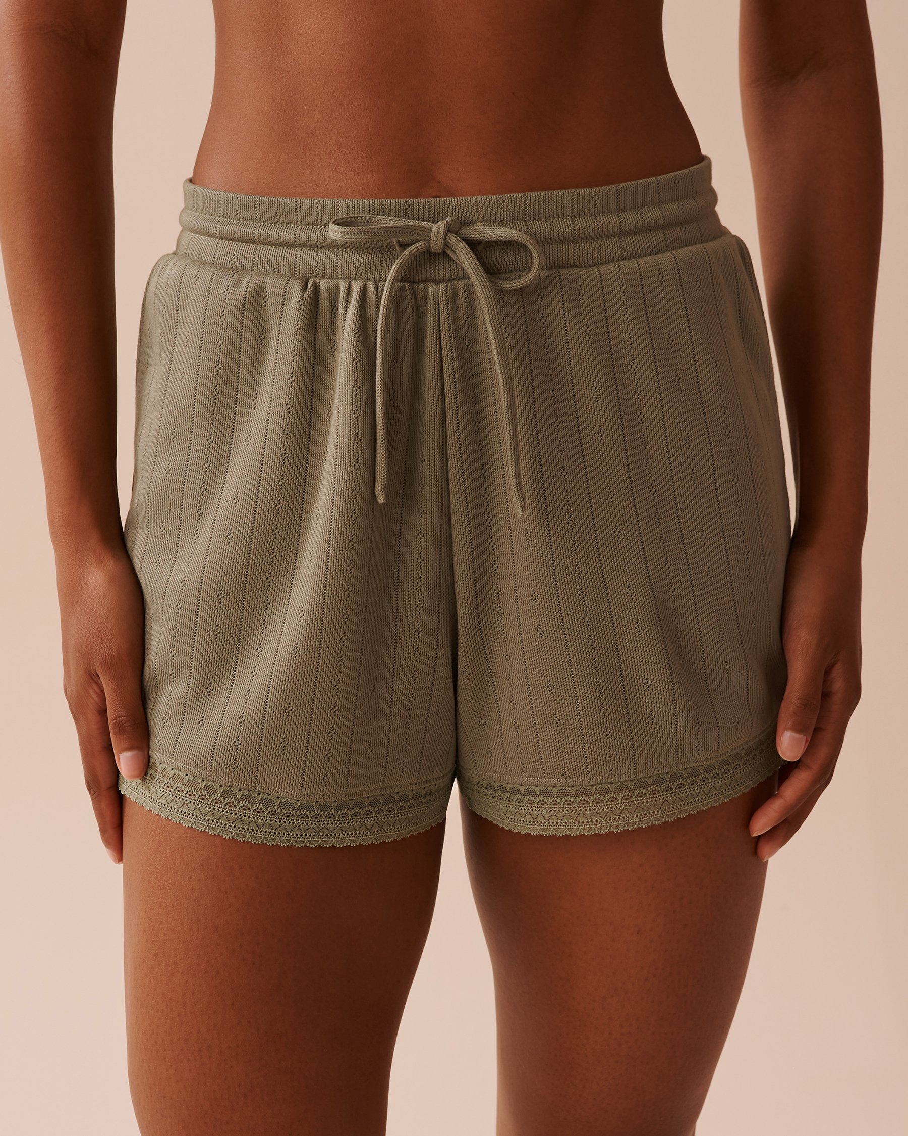 LA VIE EN ROSE Lace Trim Pointelle Knit Shorts Olive Green 40200584 - View3