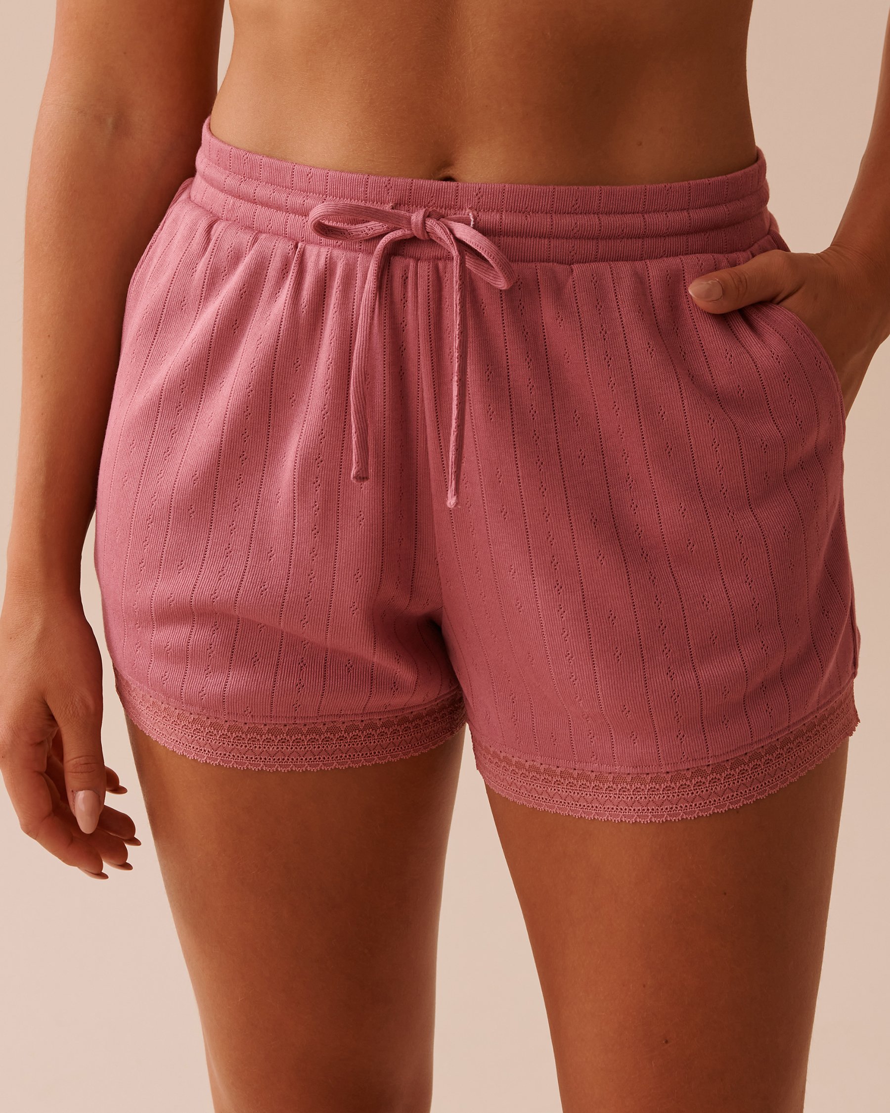 LA VIE EN ROSE Short de pyjama maille pointelle et bordure de dentelle Rose poudré 40200584 - View1