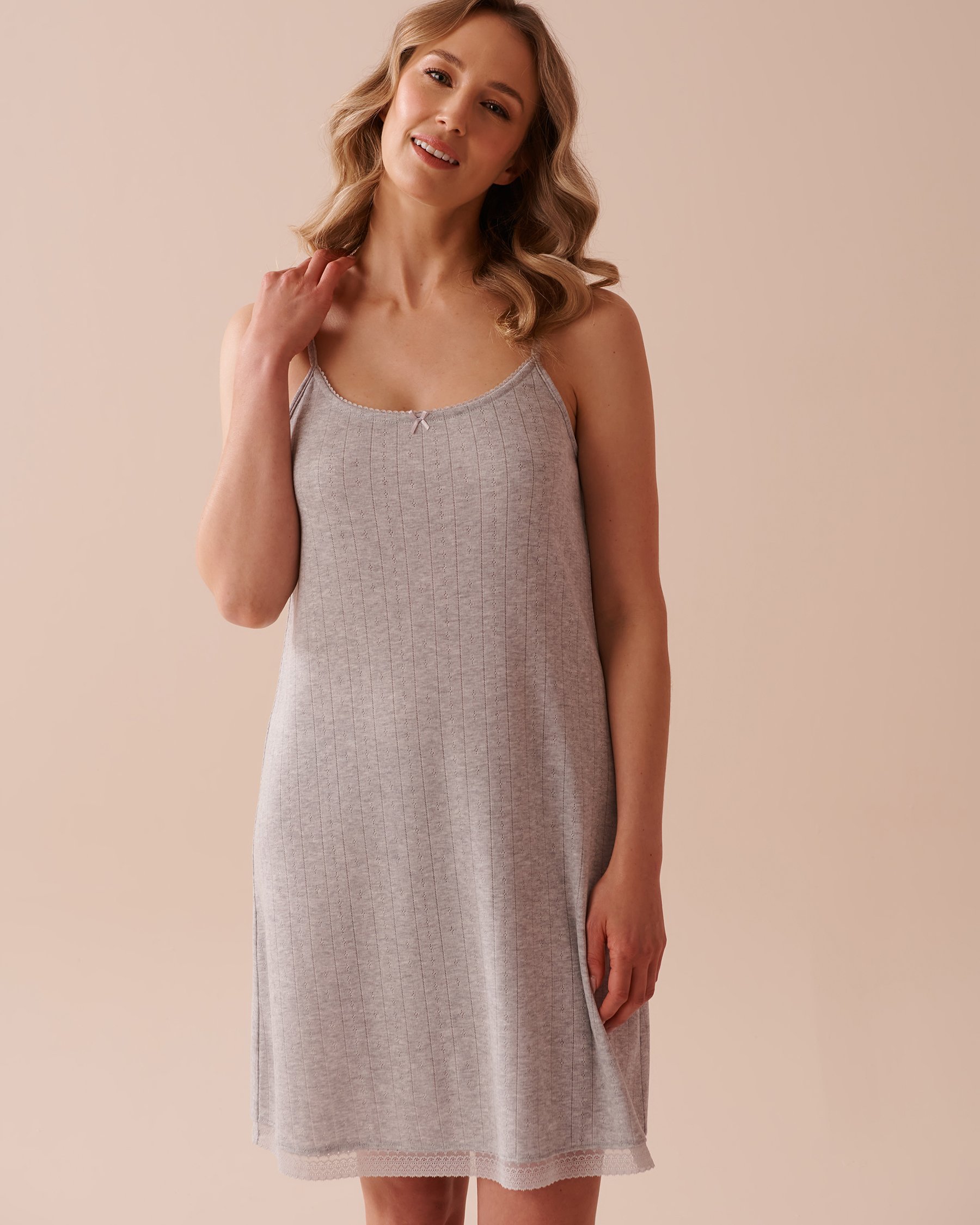 LA VIE EN ROSE Lace Trim Pointelle Knit Nightie Grey 40500364 - View1