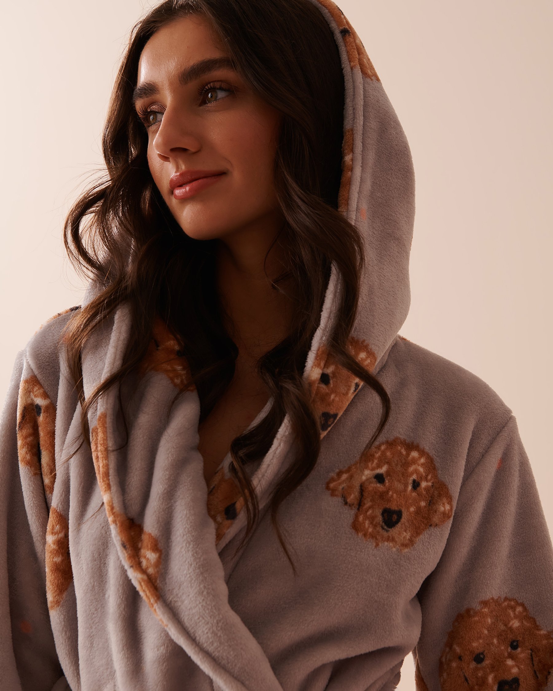 LA VIE EN ROSE Soft Plush Hooded Robe Grey Dog Print 40600175 - View3