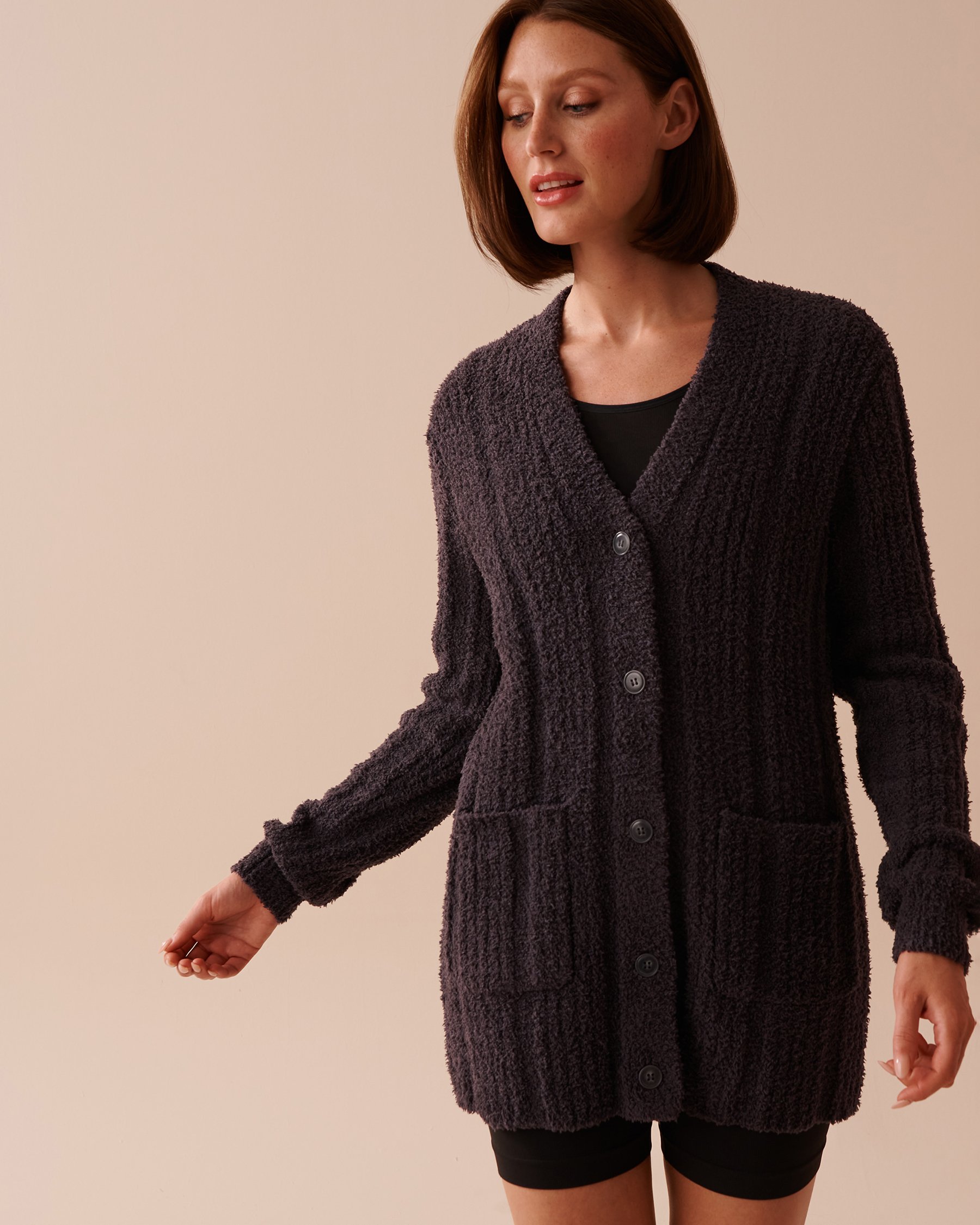 LA VIE EN ROSE Ribbed Chenille Cardigan Anthracite 50500012 - View6