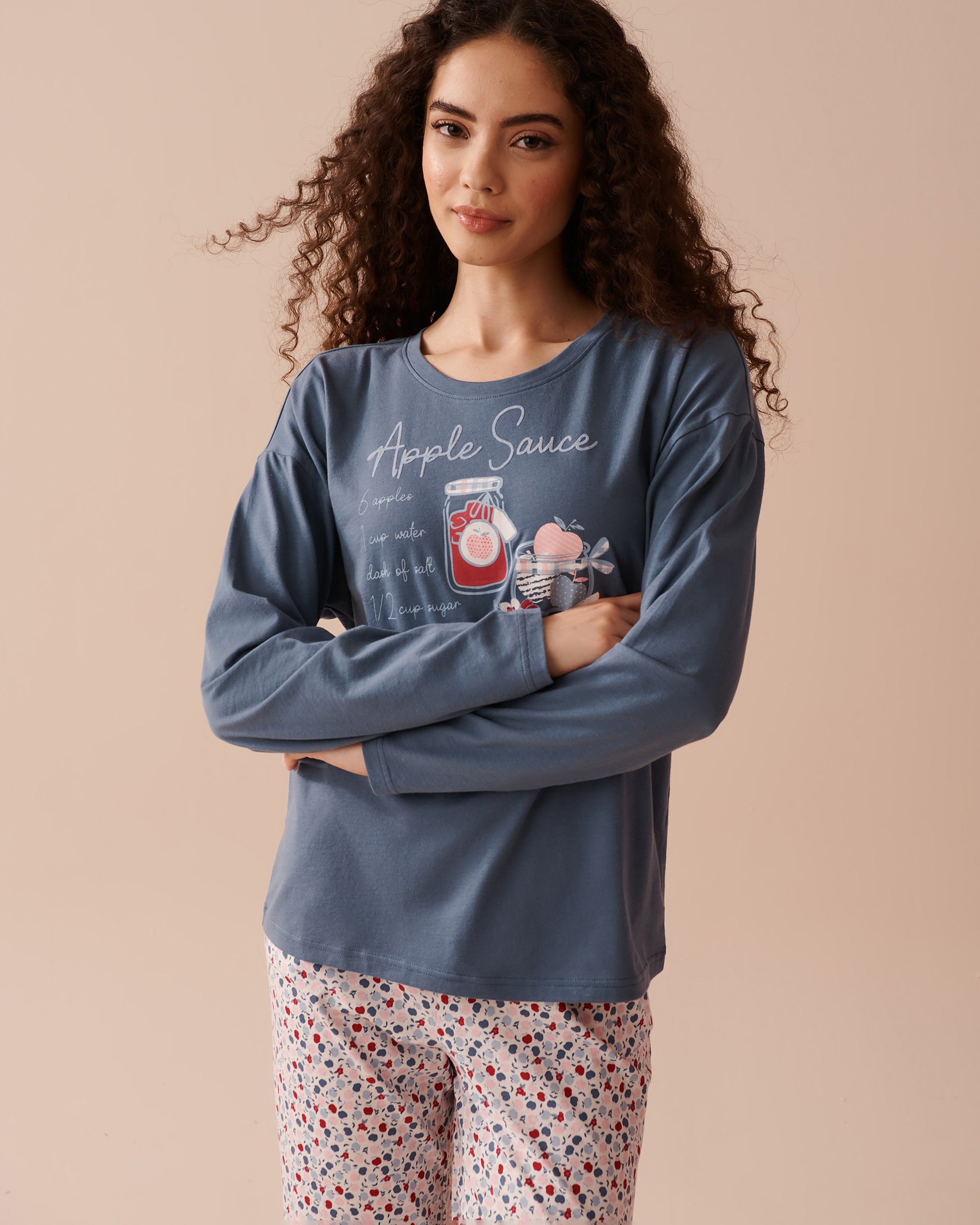 LA VIE EN ROSE Apple Print Cotton Long Sleeve Shirt Misty Blue 40100610 - View3