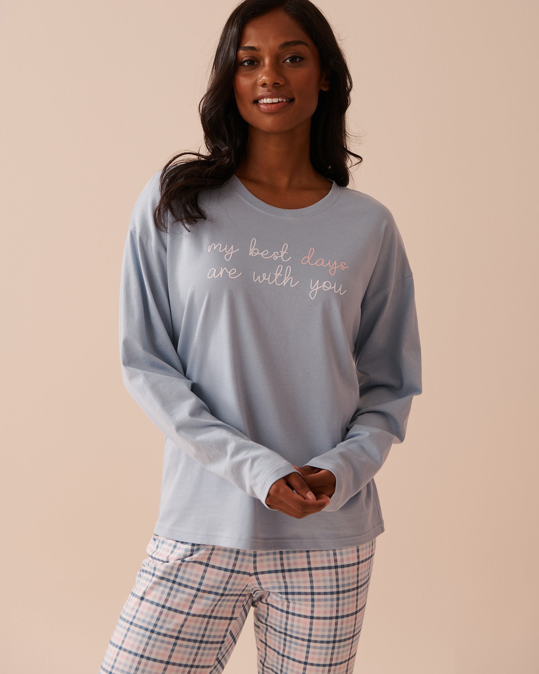 LA VIE EN ROSE Apple Print Cotton Long Sleeve Shirt Misty Blue 40100610 - View1