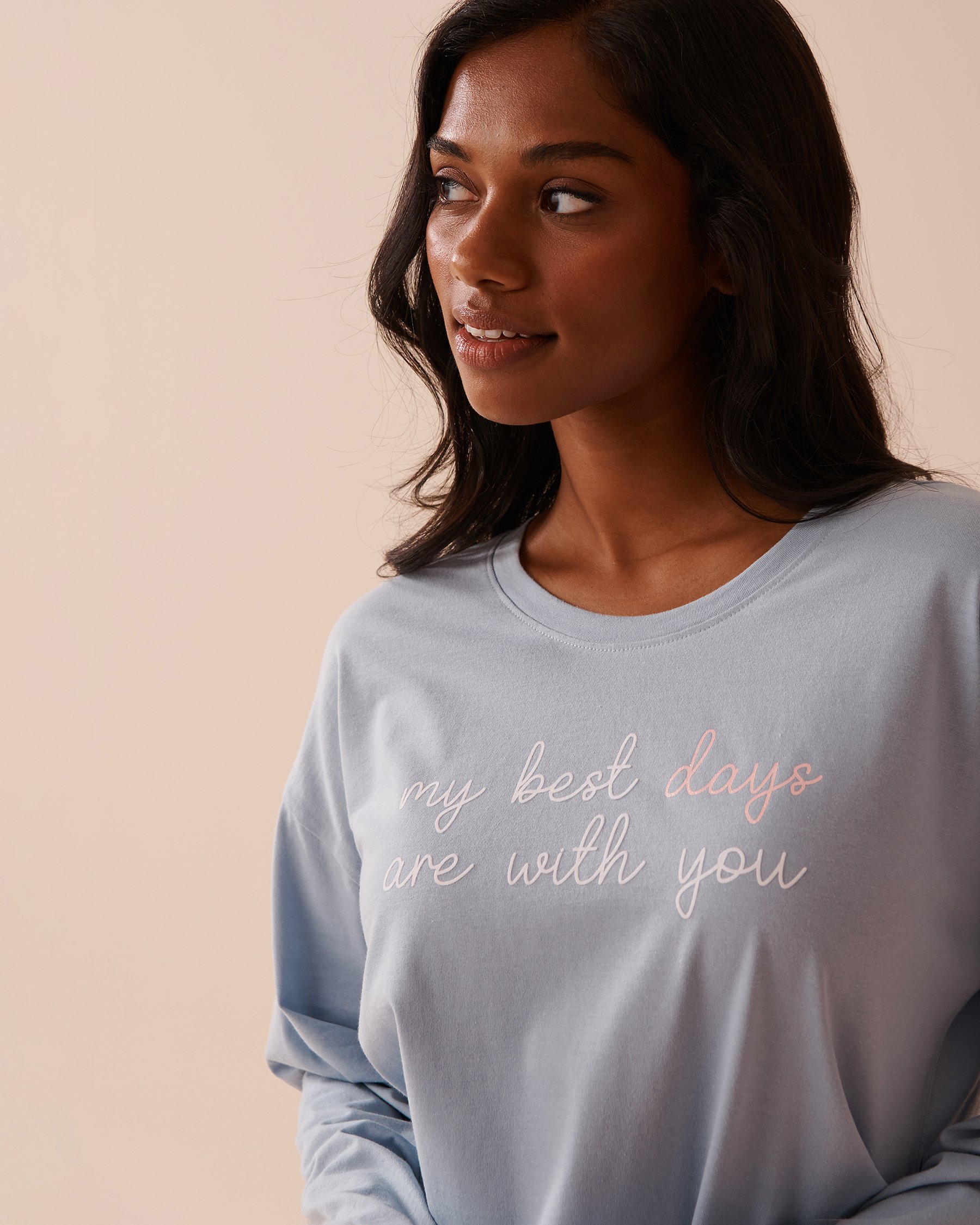 LA VIE EN ROSE Apple Print Cotton Long Sleeve Shirt Misty Blue 40100610 - View3