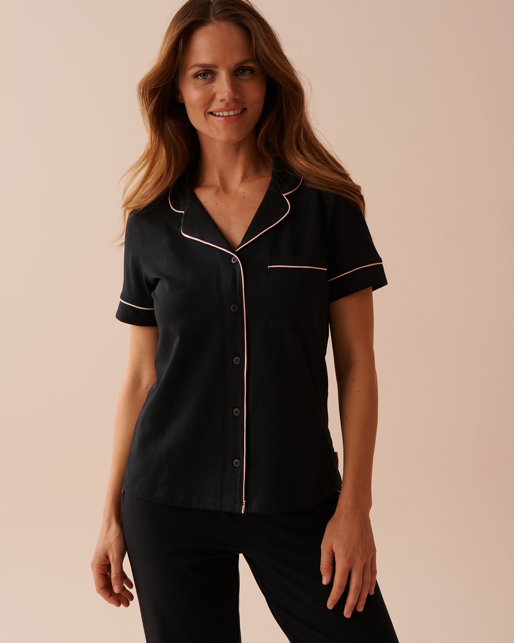 LA VIE EN ROSE Cotton Short Sleeve Button-down Shirt Black 40100600 - View1