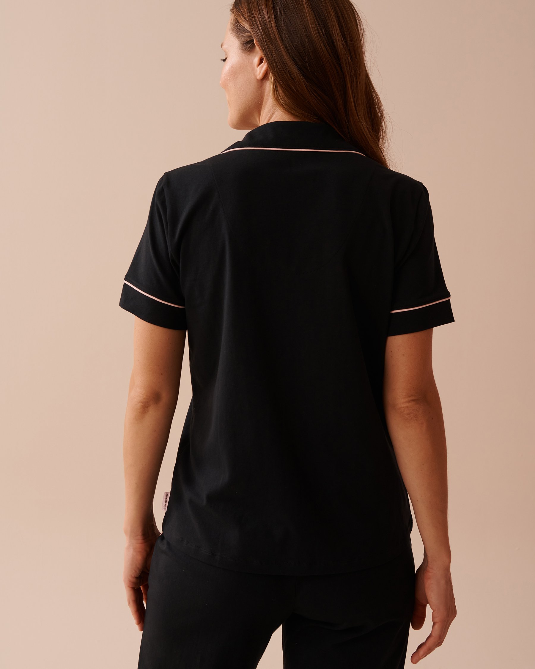 LA VIE EN ROSE Cotton Short Sleeve Button-down Shirt Black 40100600 - View2