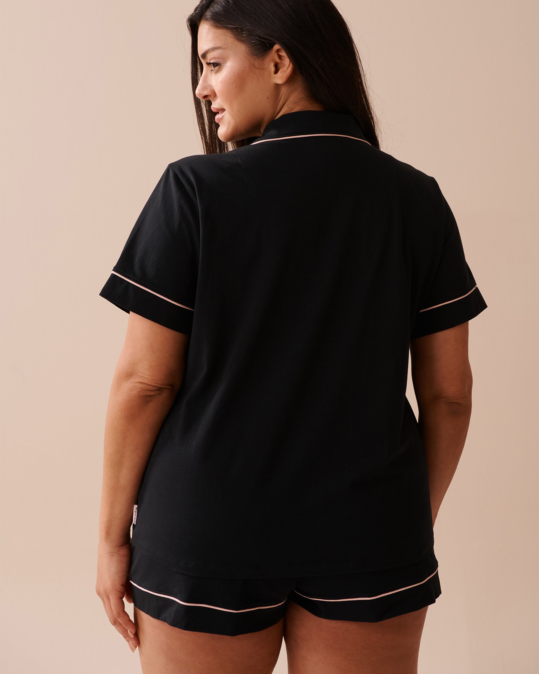 LA VIE EN ROSE Cotton Short Sleeve Button-down Shirt Black 40100600 - View6