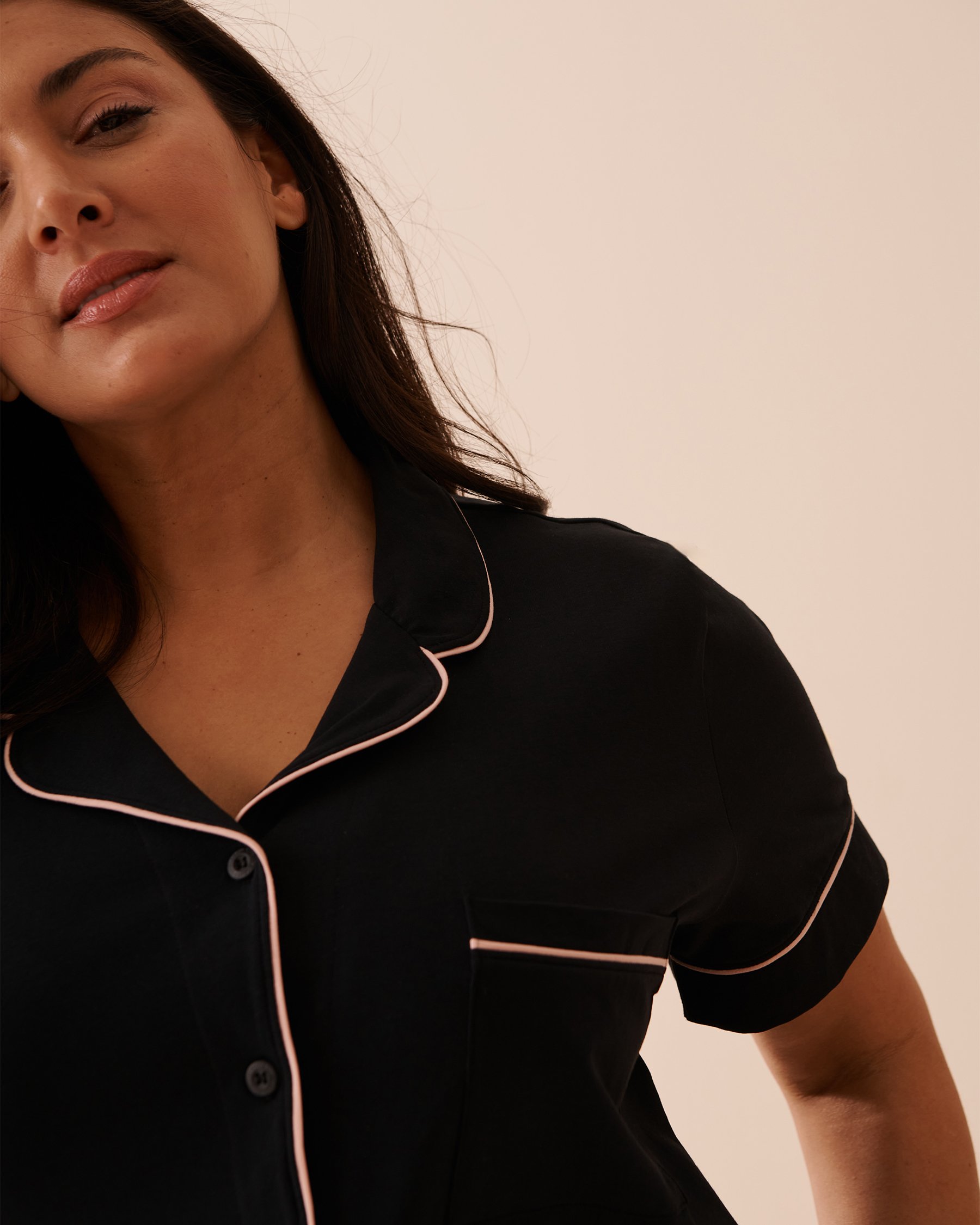 LA VIE EN ROSE Cotton Short Sleeve Button-down Shirt Black 40100600 - View7