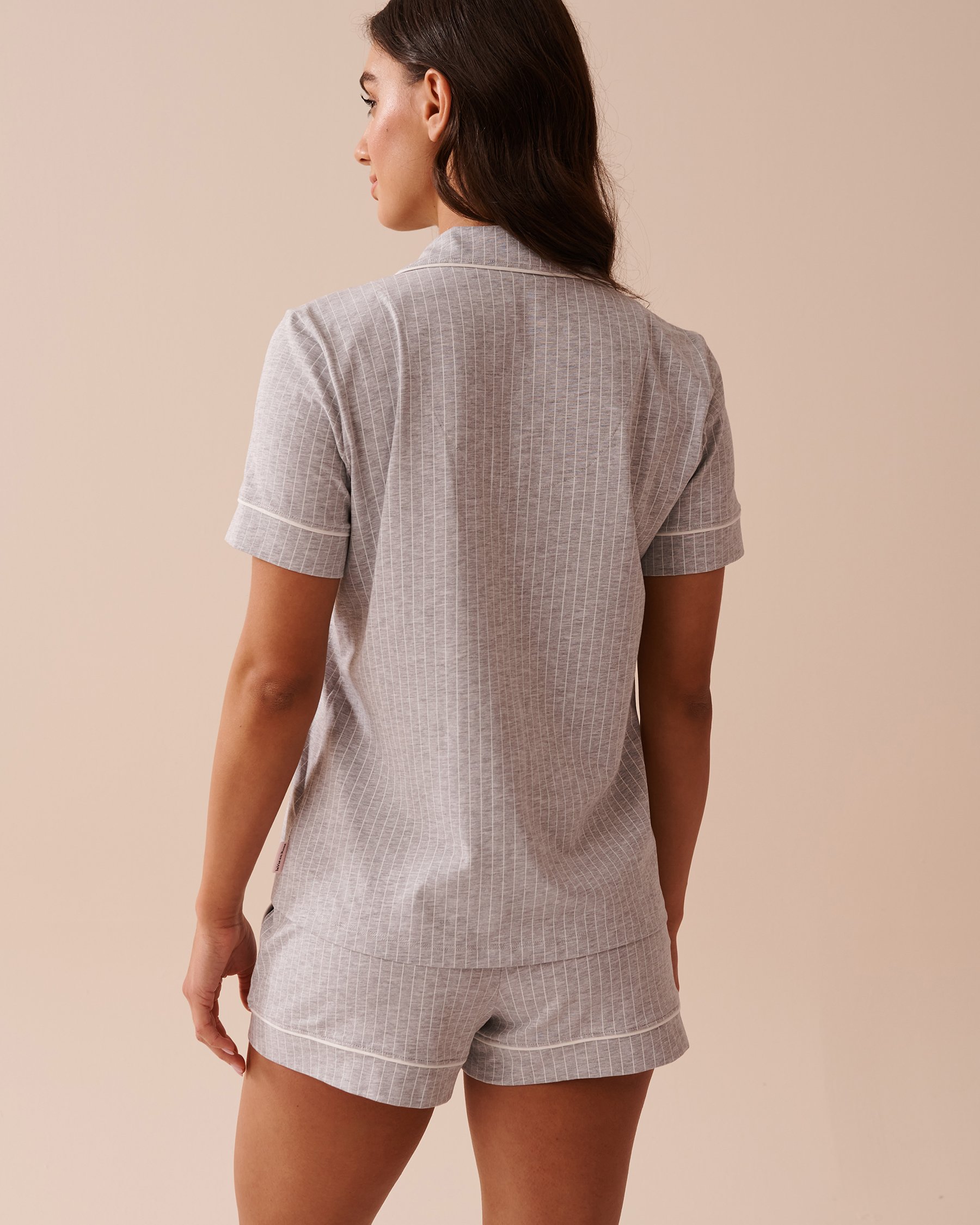 LA VIE EN ROSE Cotton Short Sleeve Button-down Shirt Grey & White Stripes 40100600 - View2