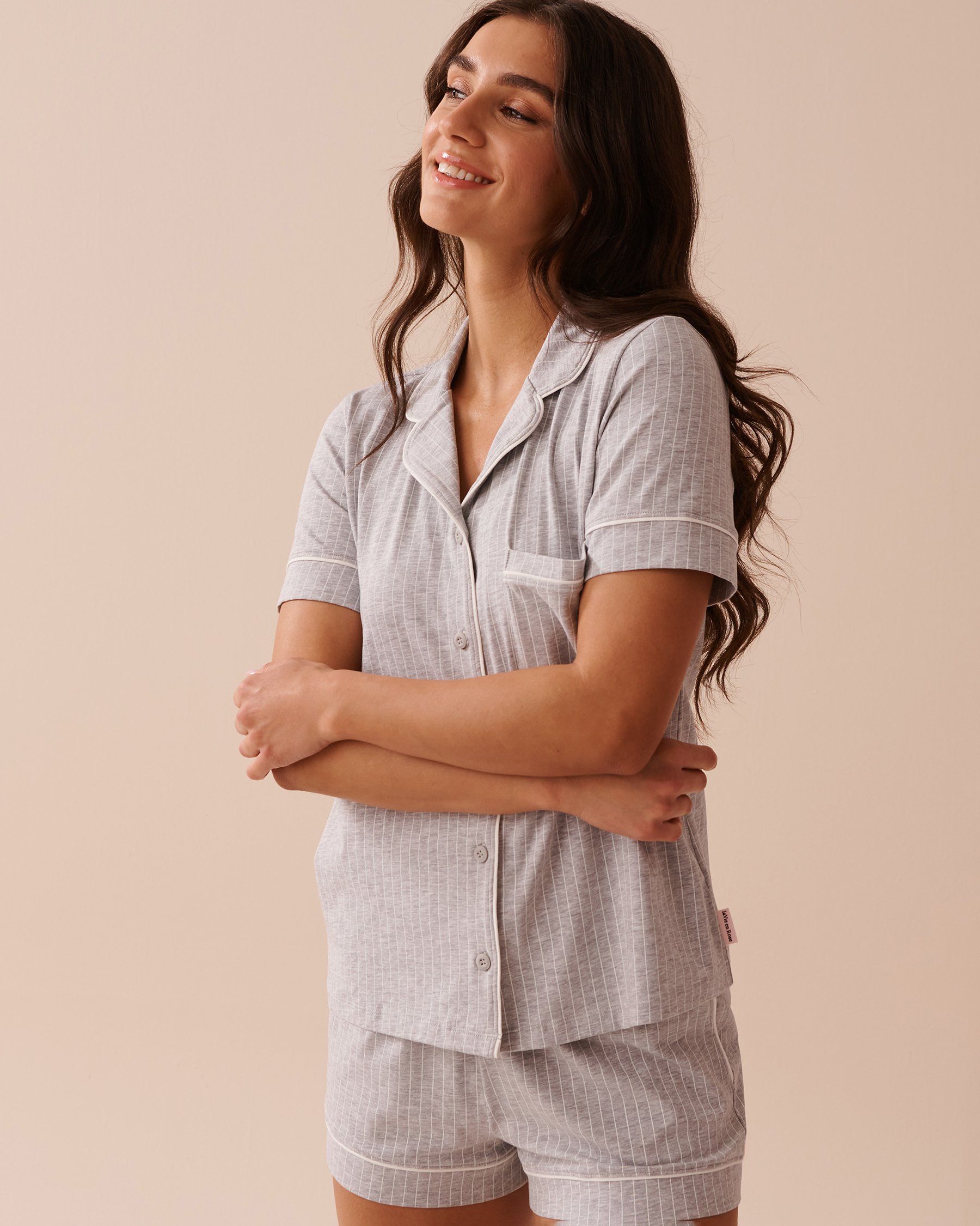 LA VIE EN ROSE Cotton Short Sleeve Button-down Shirt Grey & White Stripes 40100600 - View5