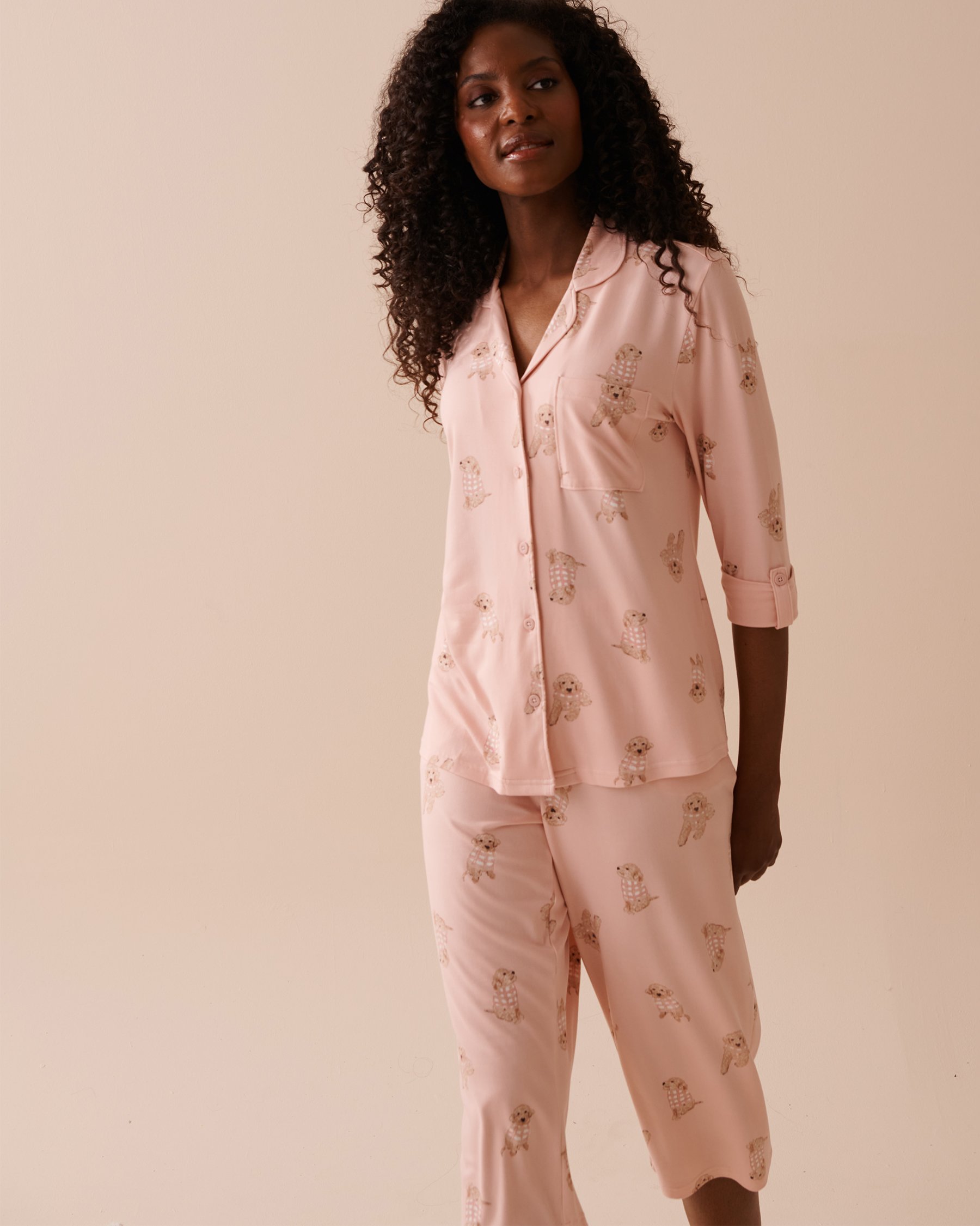 LA VIE EN ROSE Dog Print Super Soft Button-down Shirt Pink Dog Print 40100603 - View1