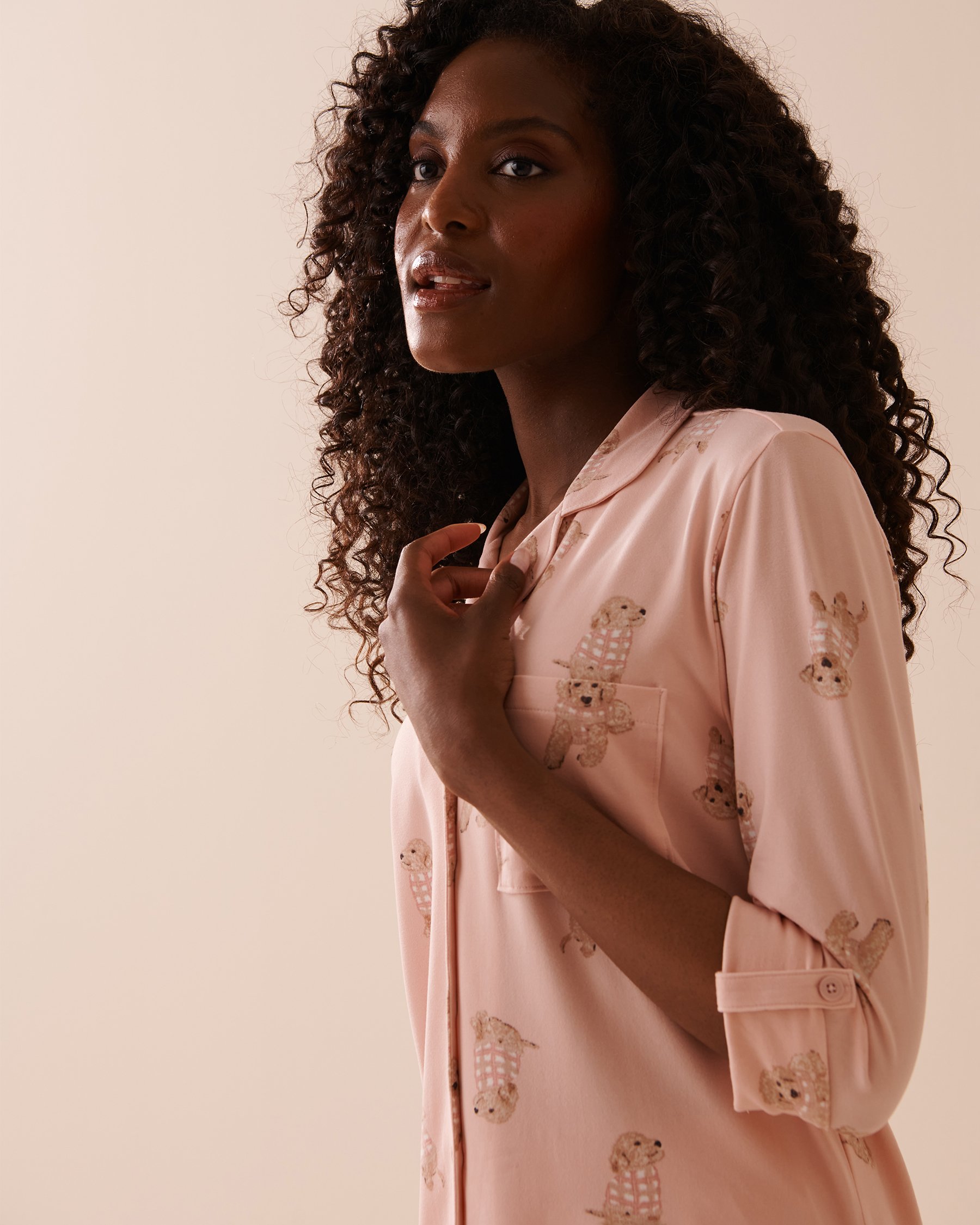 LA VIE EN ROSE Dog Print Super Soft Button-down Shirt Pink Dog Print 40100603 - View3