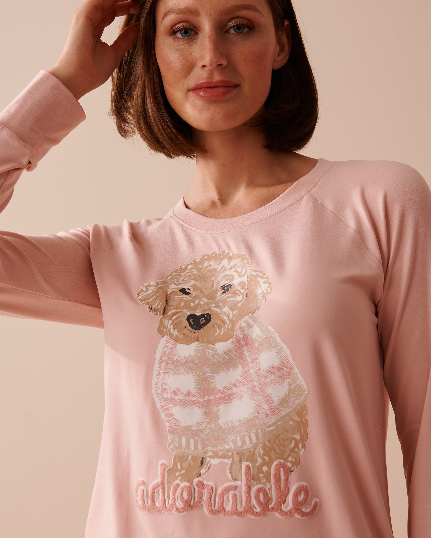 LA VIE EN ROSE Dog Print Super Soft Long Sleeve Shirt Salmon Pink 40100602 - View3