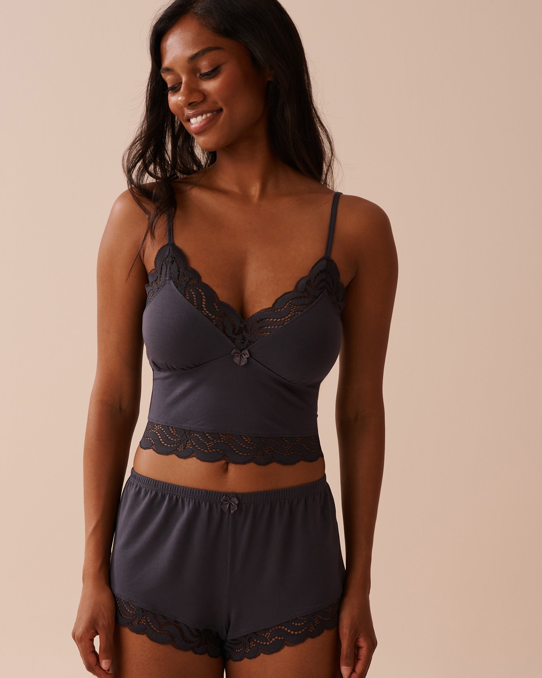 LA VIE EN ROSE Lace Detail Modal Crop Cami Anthracite 40100606 - View1