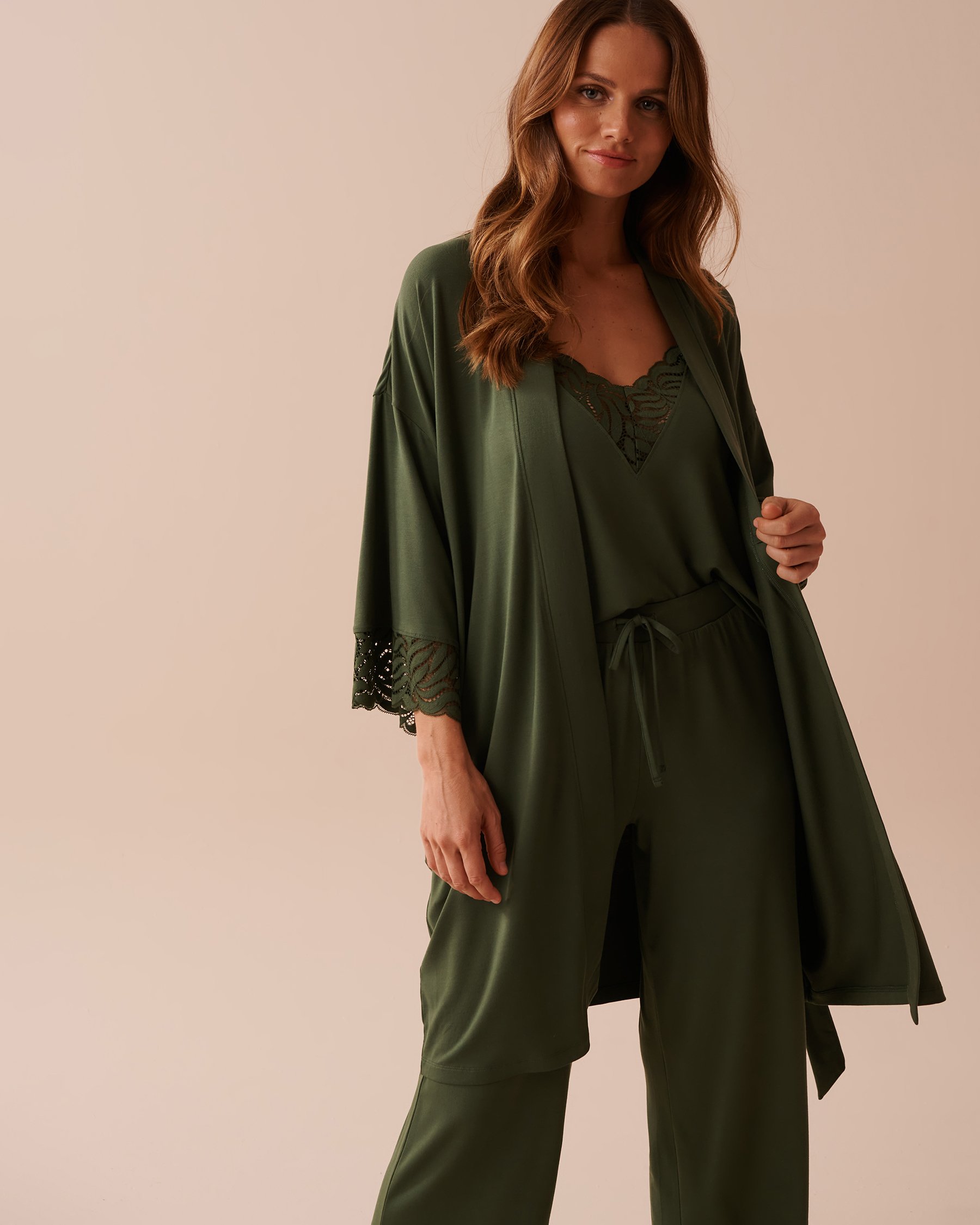 LA VIE EN ROSE Lace Detail Modal Kimono Thyme Green 40600177 - View2