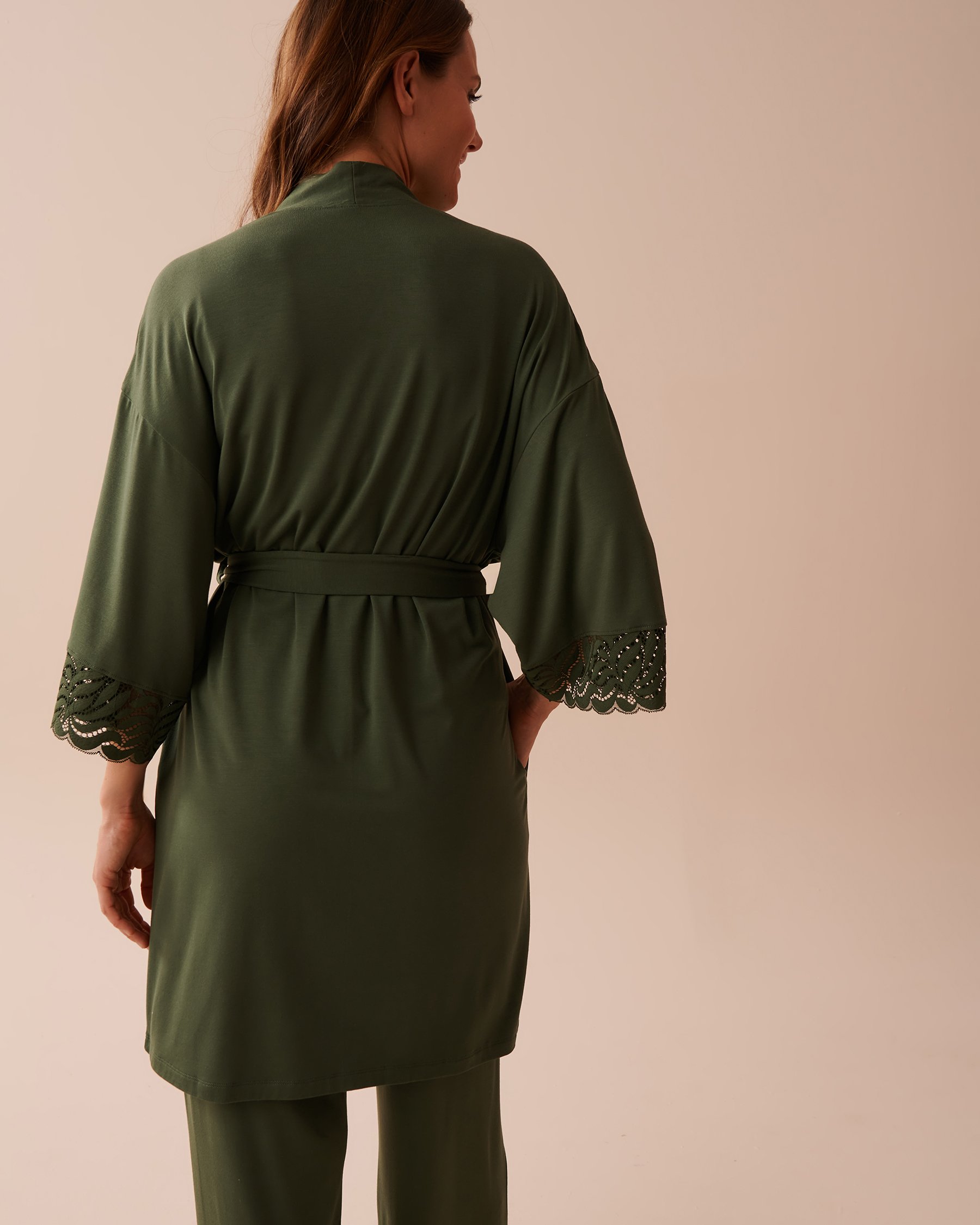 LA VIE EN ROSE Lace Detail Modal Kimono Thyme Green 40600177 - View3