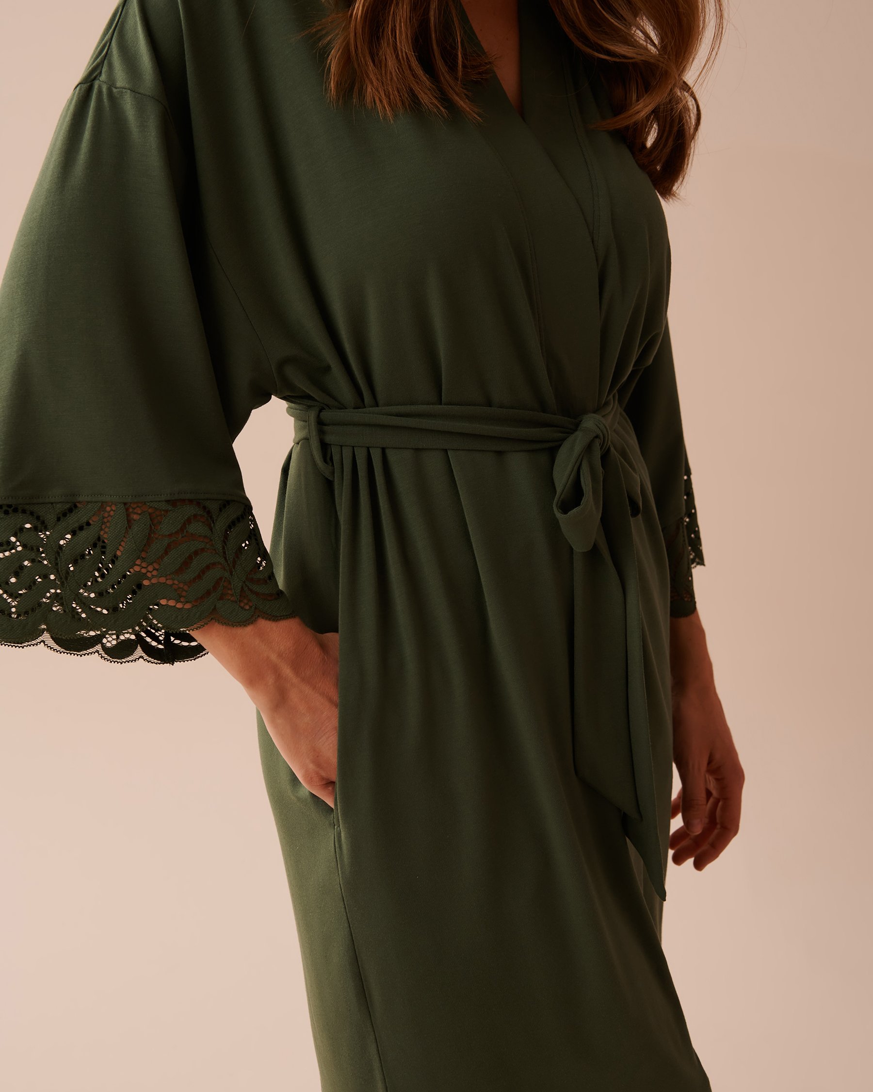 LA VIE EN ROSE Lace Detail Modal Kimono Thyme Green 40600177 - View4