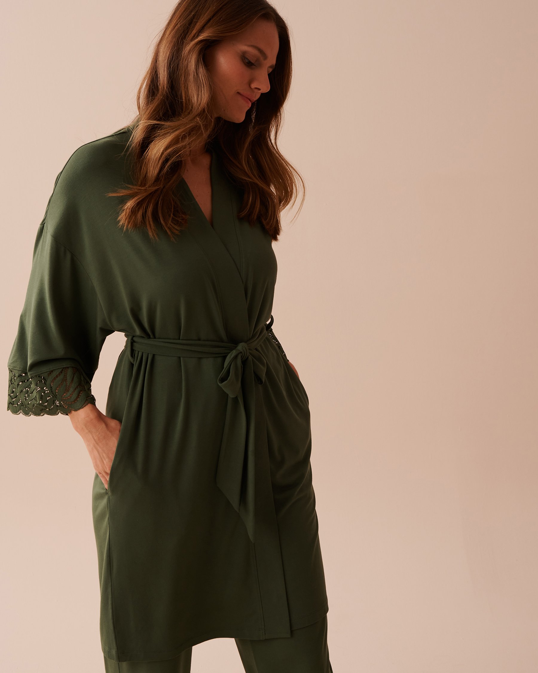 LA VIE EN ROSE Lace Detail Modal Kimono Thyme Green 40600177 - View5