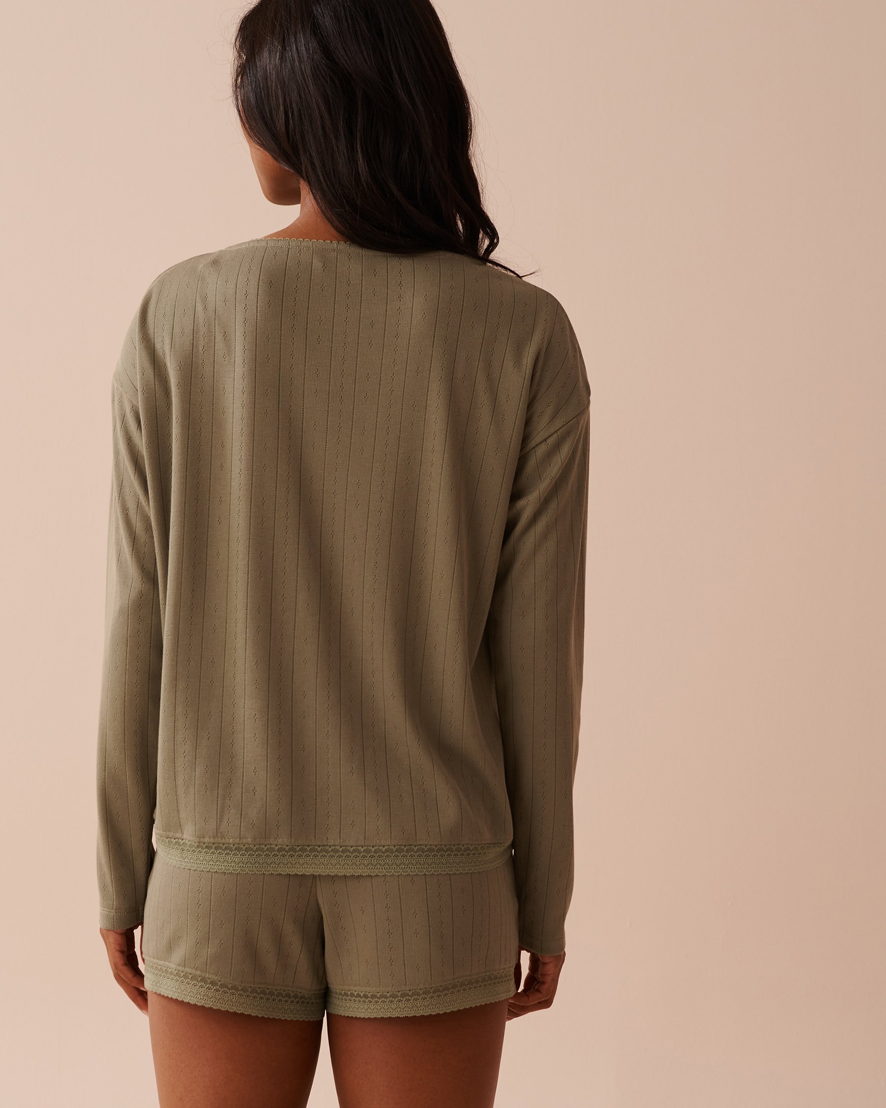 LA VIE EN ROSE Lace Trim Pointelle Knit Long Sleeve Shirt Olive Green 40100594 - View2