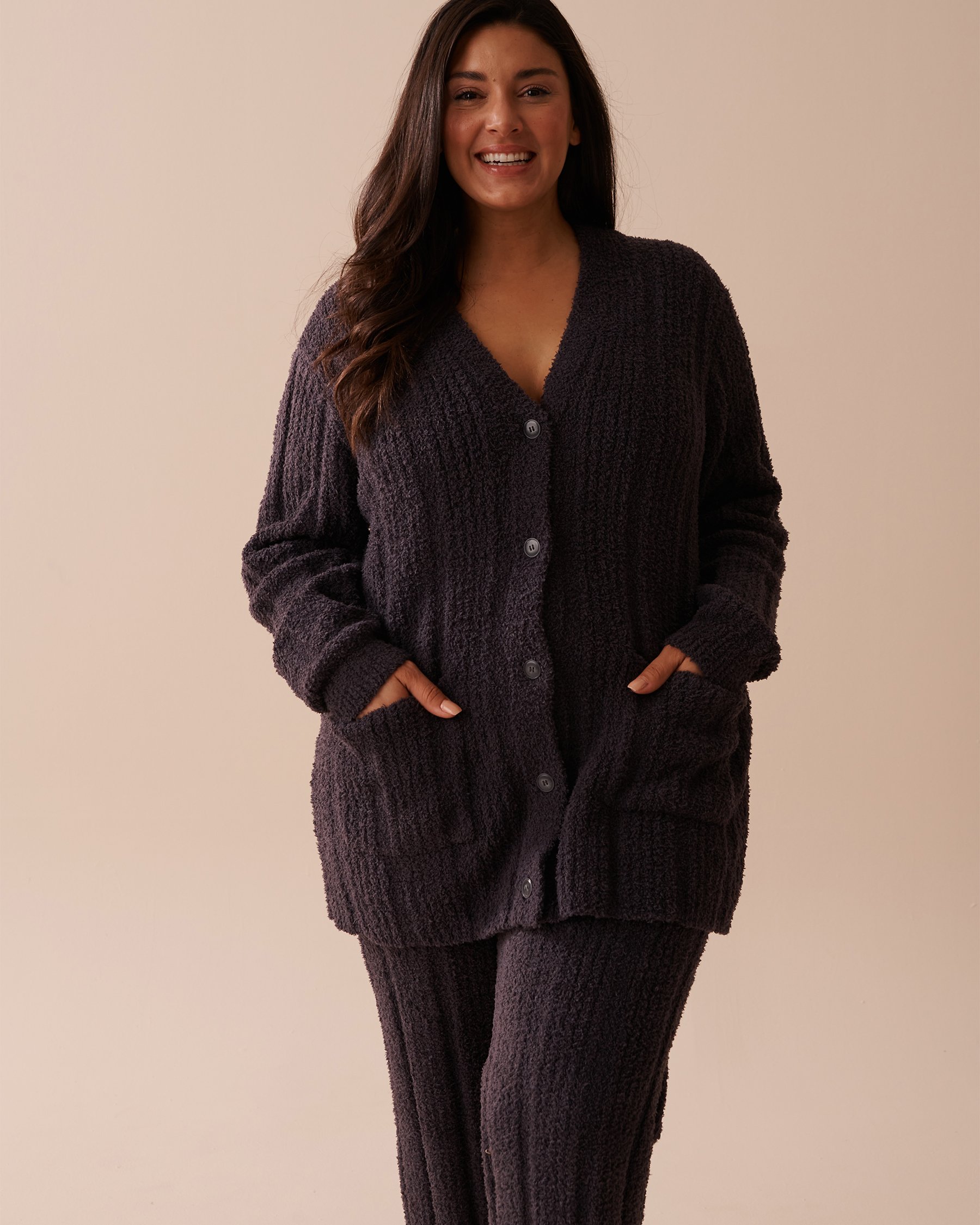 LA VIE EN ROSE Ribbed Chenille Cardigan Anthracite 50500012 - View3