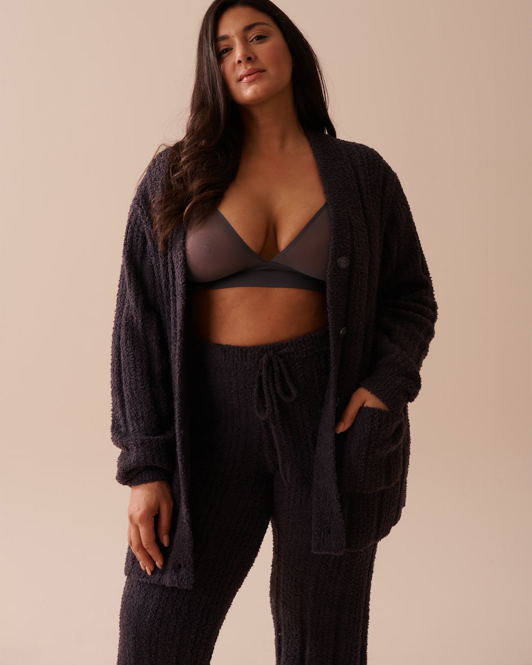 LA VIE EN ROSE Ribbed Chenille Cardigan Anthracite 50500012 - View4