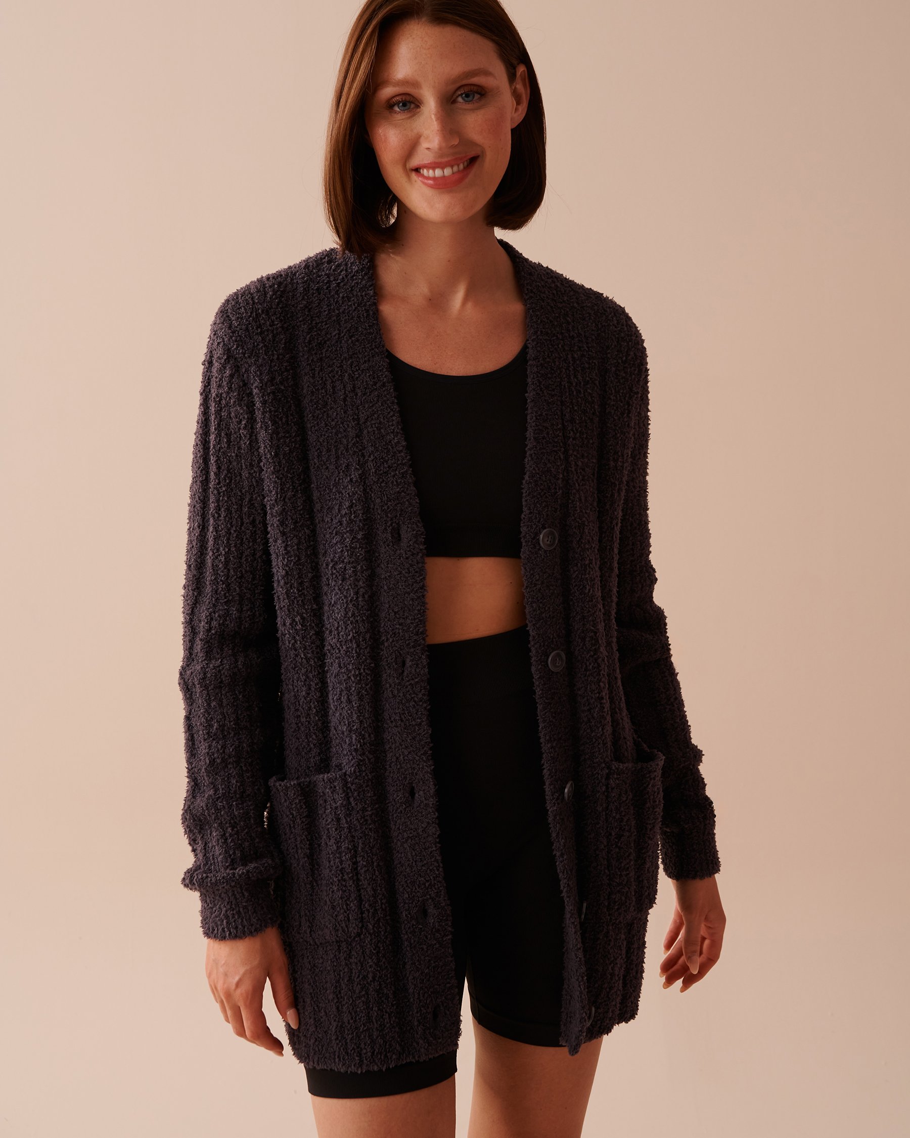 LA VIE EN ROSE Ribbed Chenille Cardigan Anthracite 50500012 - View5