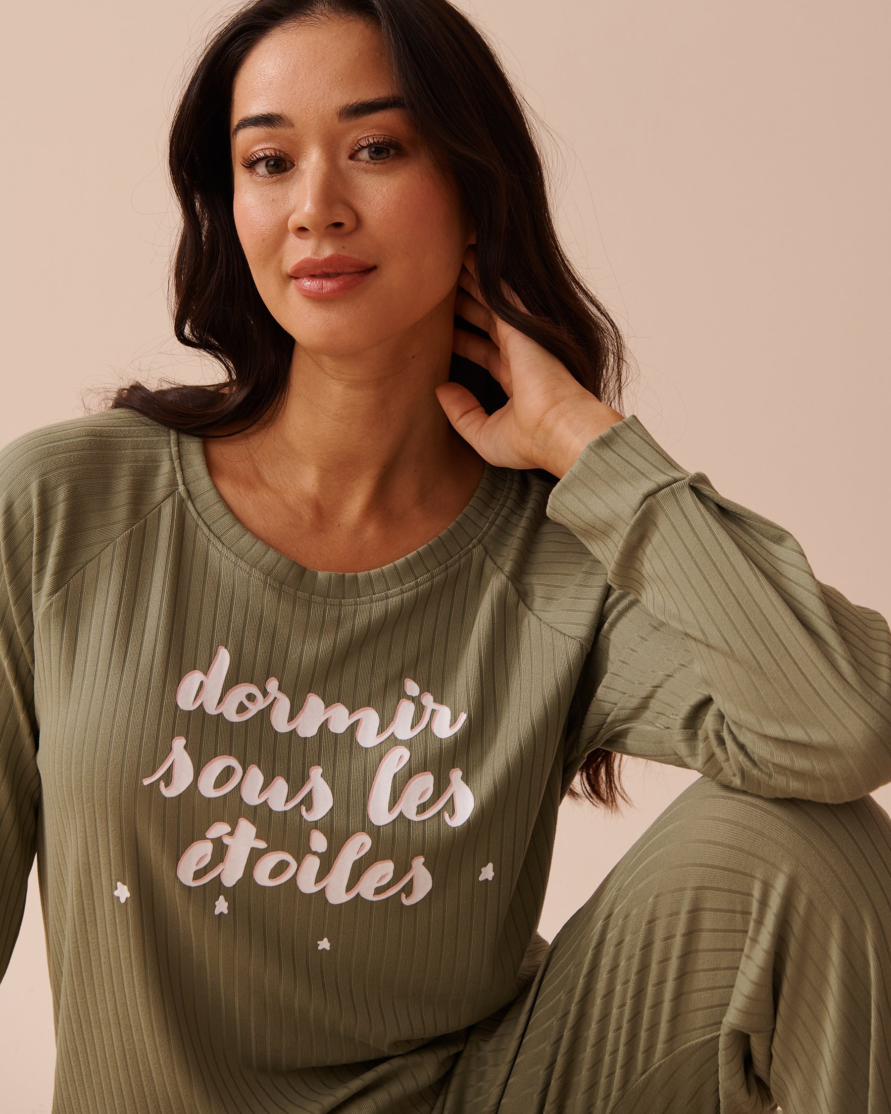 LA VIE EN ROSE Ribbed Jersey Long Sleeve Shirt Olive Green 40100591 - View1