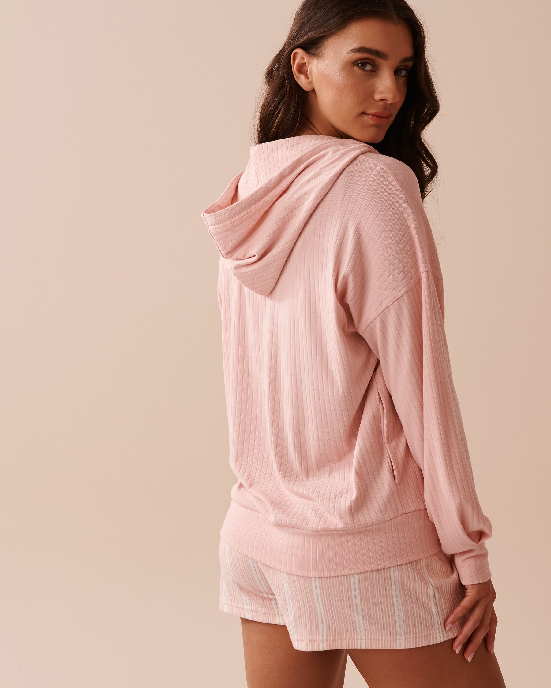 LA VIE EN ROSE Ribbed Jersey Zip-up Hoodie Salmon Pink 40600172 - View2