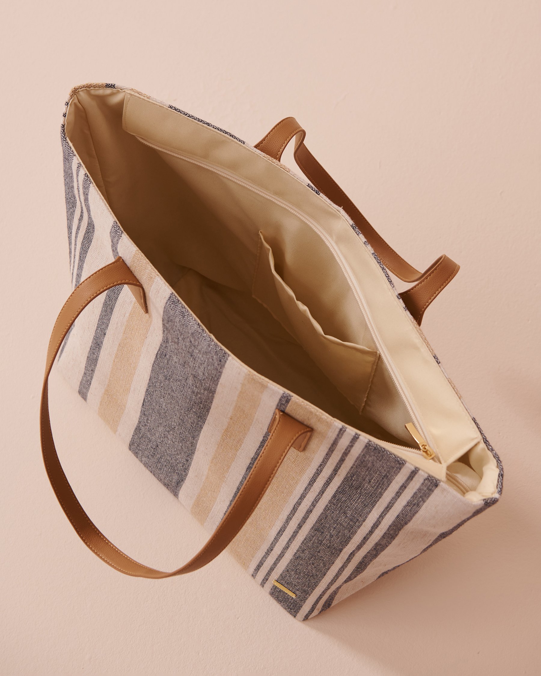 LA VIE EN ROSE AQUA Sac de plage rayé style jute Rayures beiges et bleues 80500100 - Voir2