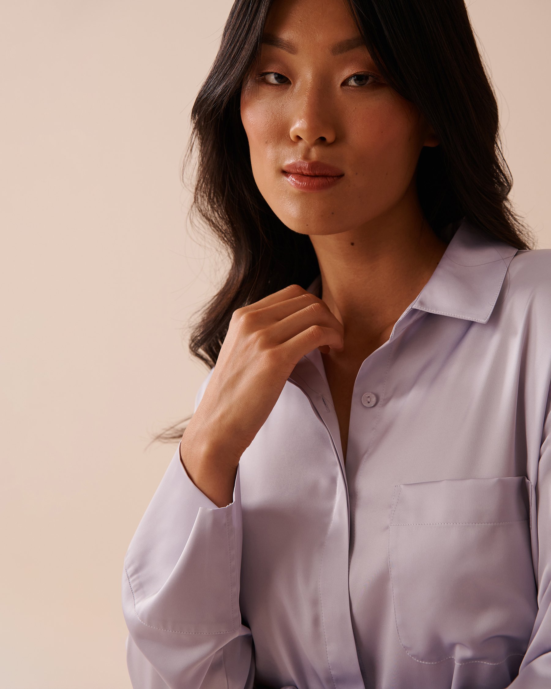 LA VIE EN ROSE Satin Button-down Shirt Evening Haze 60100111 - View5