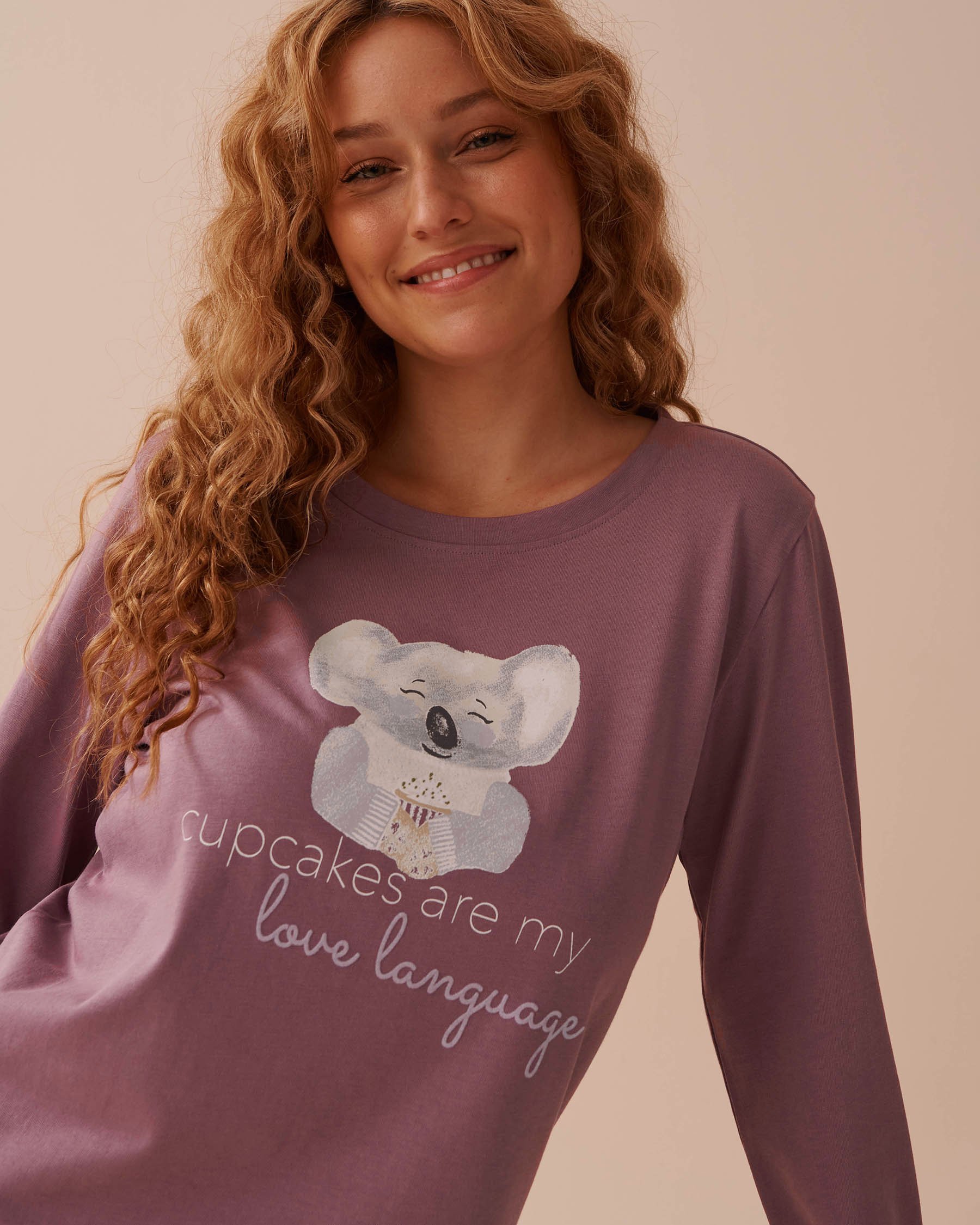 LA VIE EN ROSE Koala Print Cotton Long Sleeve Shirt Dusty Orchid 40100615 - View6