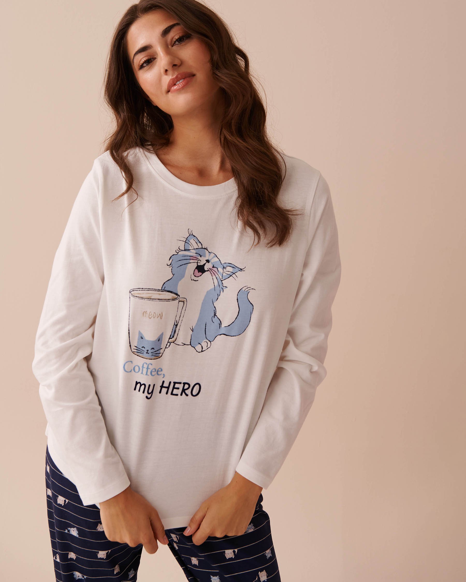 LA VIE EN ROSE Cat Print Cotton Long Sleeve Shirt White 40100615 - View1