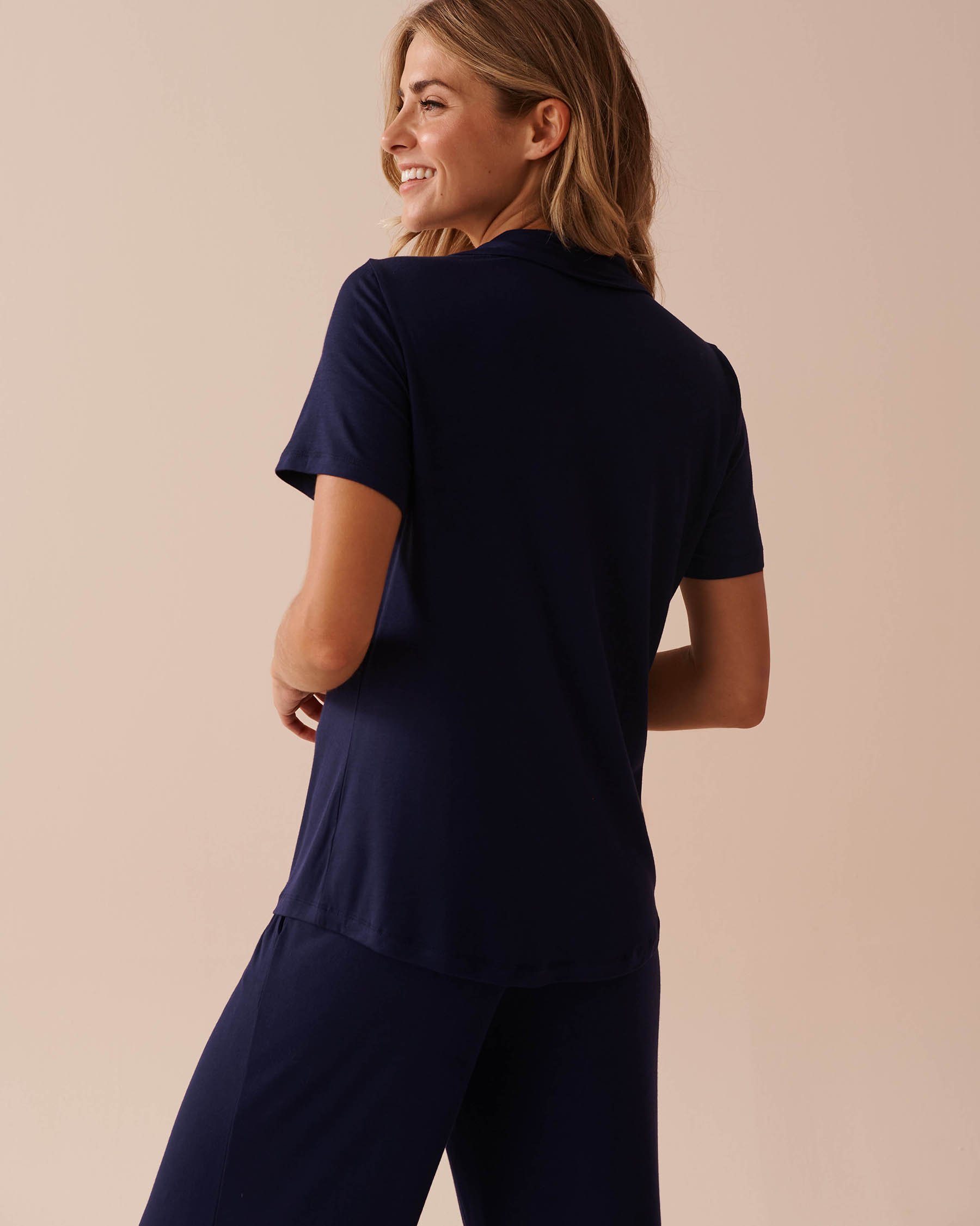 LA VIE EN ROSE Soft Jersey Short Sleeve Button-down Shirt Evening Blue 40100626 - View2