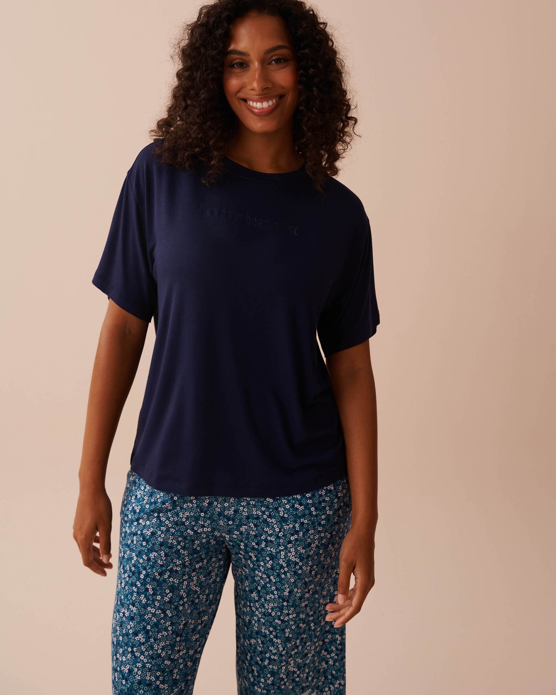 LA VIE EN ROSE Chandail manches courtes tombantes en jersey doux Bleu nuit 40100628 - Voir2