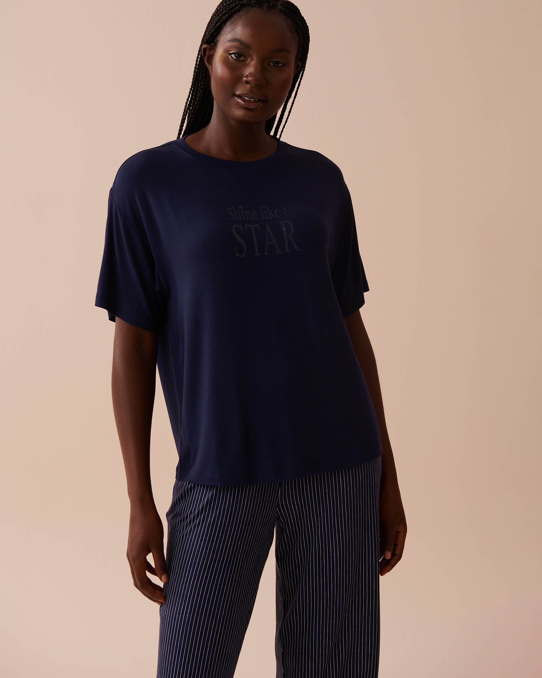 LA VIE EN ROSE Chandail manches courtes tombantes en jersey doux Bleu nuit 40100628 - Voir1