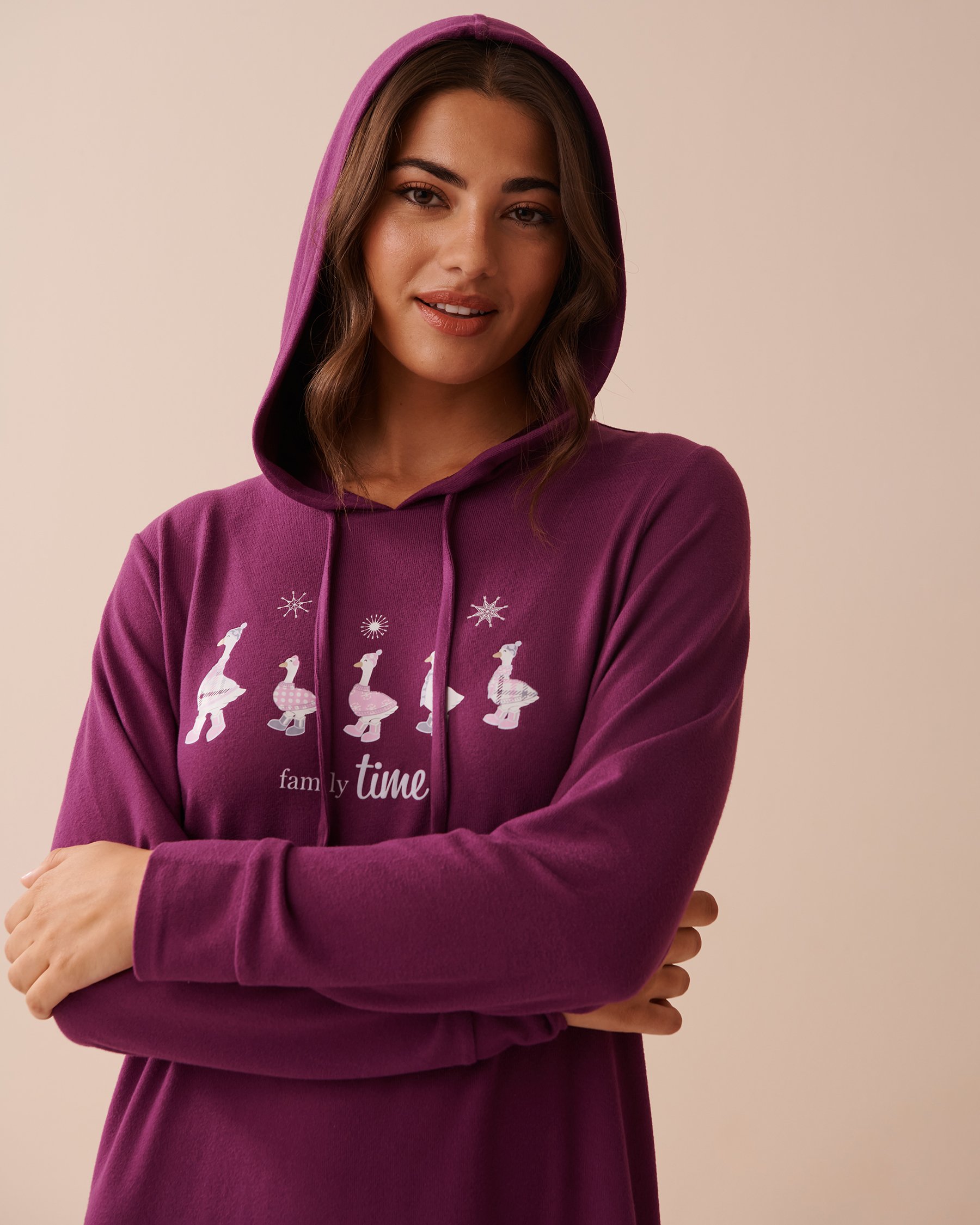 LA VIE EN ROSE Goose Print Recycled Fibers Long Sleeve Hooded Sleepshirt Vibrant Violet 40500378 - View3