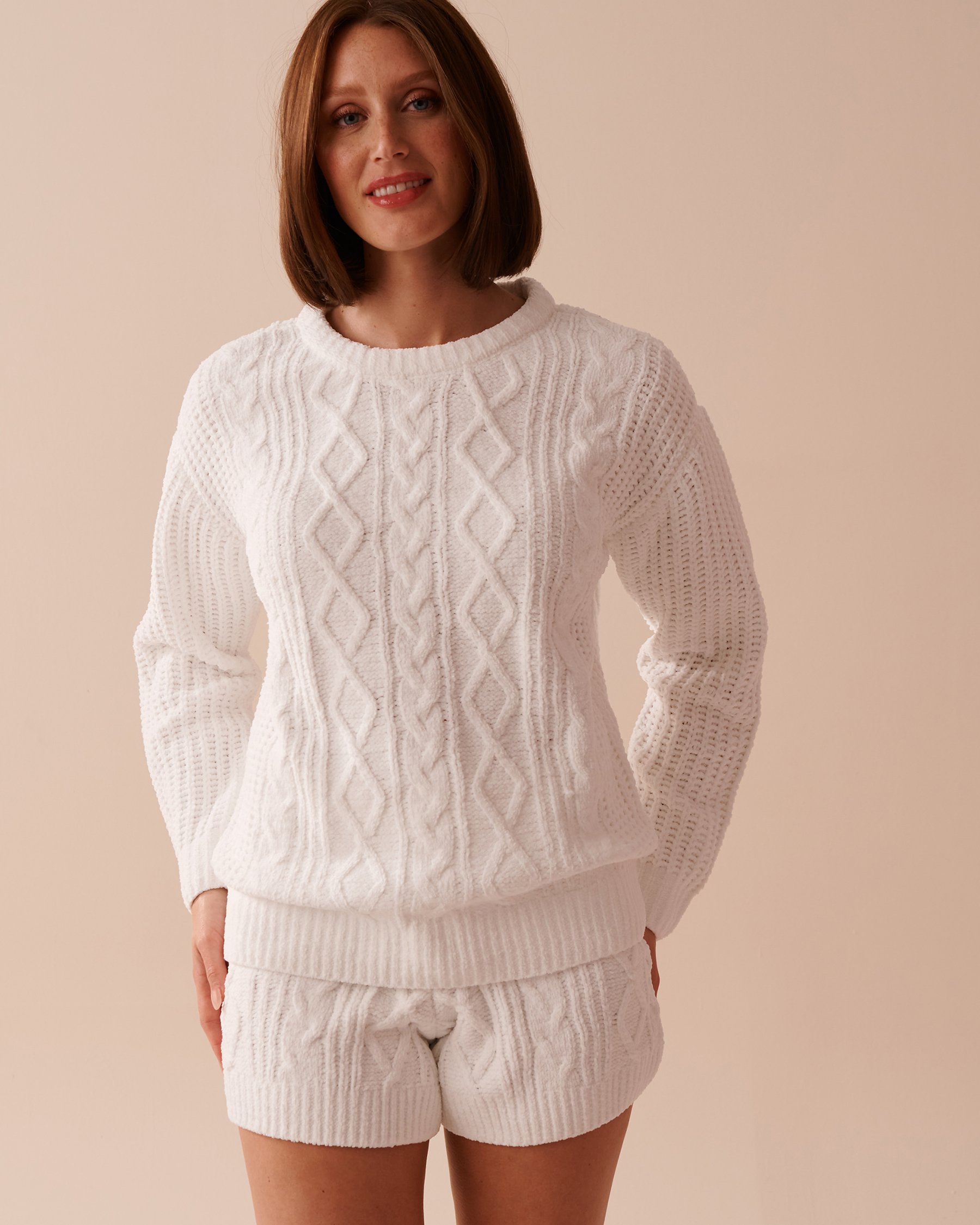 LA VIE EN ROSE Cable-Knit Chenille Long Sleeve Shirt White 50100094 - View1